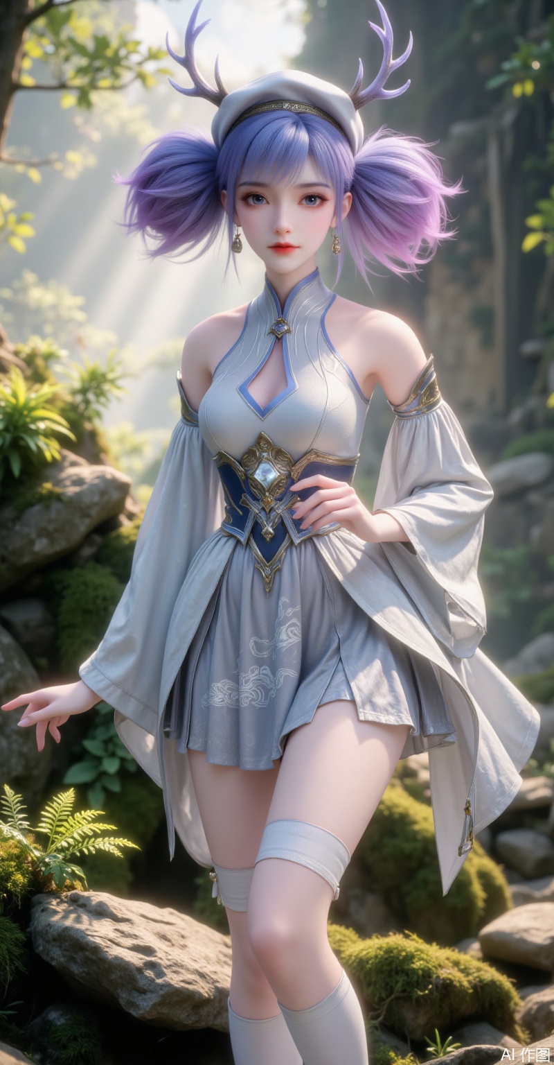 A deer spirit maiden with blue-purple gradient twin tails wears a matte antler cap, dressed in a light gray brocade short skirt with a dark blue waistband. Her legs are exposed, clad in white stockings, and her attire features silver-thread cloud pattern embroidery and bronze bell accessories. Standing amid mossy rocks and ferns, morning light filters through the leaves to form soft light columns. In 4K UHD quality, rendered by Unreal Engine, with fresh Ghibli-style color tones.