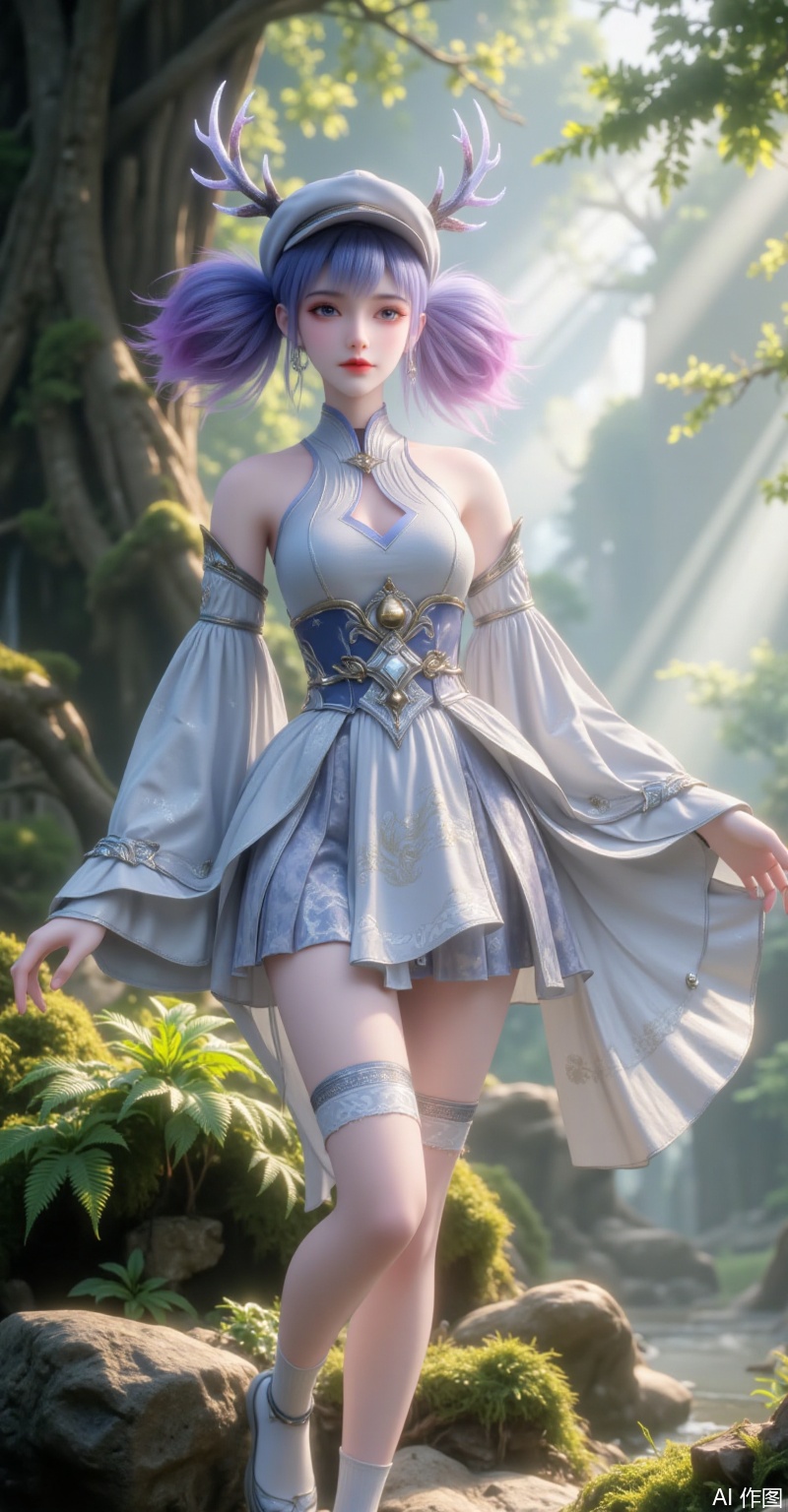 A deer spirit maiden with blue-purple gradient twin tails wears a matte antler cap, dressed in a light gray brocade short skirt with a dark blue waistband. Her legs are exposed, clad in white stockings, and her attire features silver-thread cloud pattern embroidery and bronze bell accessories. Standing amid mossy rocks and ferns, morning light filters through the leaves to form soft light columns. In 4K UHD quality, rendered by Unreal Engine, with fresh Ghibli-style color tones.