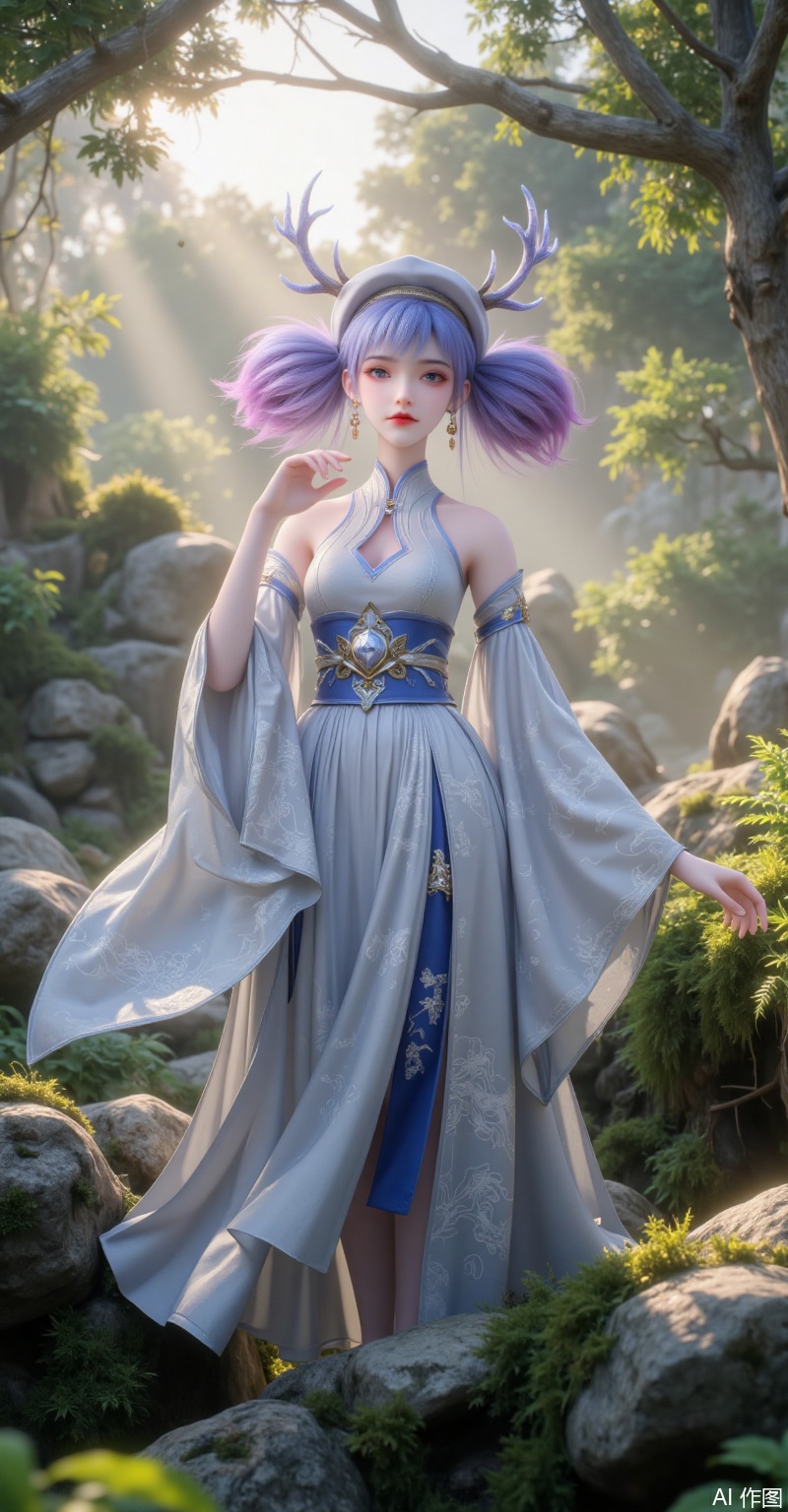 A deer spirit maiden with blue-purple gradient twin tails wears a matte antler cap and ancient-style attire—light gray brocade matched with a deep blue waistband, adorned with silver-thread cloud pattern embroidery and copper bell accessories. Standing amid mossy rocks and ferns, she is bathed in gentle light beams from morning sun filtering through tree leaves. Rendered in 4K UHD with Unreal Engine, the scene features fresh Ghibli-style color tones.