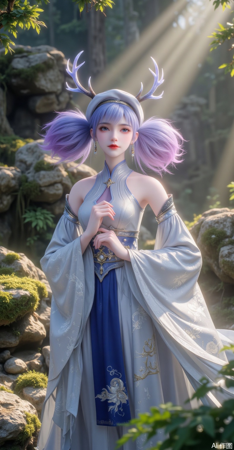 A deer spirit maiden with blue-purple gradient twin tails wears a matte antler cap and ancient-style attire—light gray brocade matched with a deep blue waistband, adorned with silver-thread cloud pattern embroidery and copper bell accessories. Standing amid mossy rocks and ferns, she is bathed in gentle light beams from morning sun filtering through tree leaves. Rendered in 4K UHD with Unreal Engine, the scene features fresh Ghibli-style color tones.