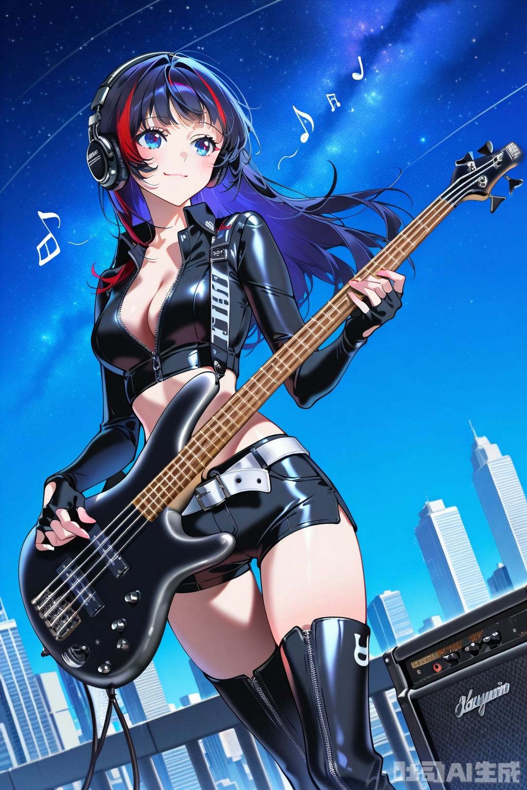 (1woman playing bass guitar),solo,dynamic angle, breasts,beautiful eyes,little smile,cool tone long hair,streaked long hair,glossy black leather long Sleeve,Open collar,bare hip unzipped cutouts cleavage on sides crop top,very short, dark leather shorts,white belt,fingerless gloves,lovestruck,headphone,thigh boots,speaker,amplifier,musical notes,skyscraper rooftop,outdoor,starry sky,textures,detailed texture,very detailed face,masterpiece,best quality,good quality,very awa,very aesthetic,absurdres,newest,
artist:yoneyama mai