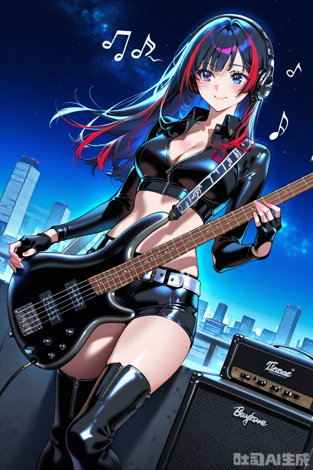 (1woman playing bass guitar),solo,dynamic angle, breasts,beautiful eyes,little smile,cool tone long hair,streaked long hair,glossy black leather long Sleeve,Open collar,bare hip unzipped cutouts cleavage on sides crop top,very short, dark leather shorts,white belt,fingerless gloves,lovestruck,headphone,thigh boots,speaker,amplifier,musical notes,skyscraper rooftop,outdoor,starry sky,textures,detailed texture,very detailed face,masterpiece,best quality,good quality,very awa,very aesthetic,absurdres,newest,
artist:yoneyama mai