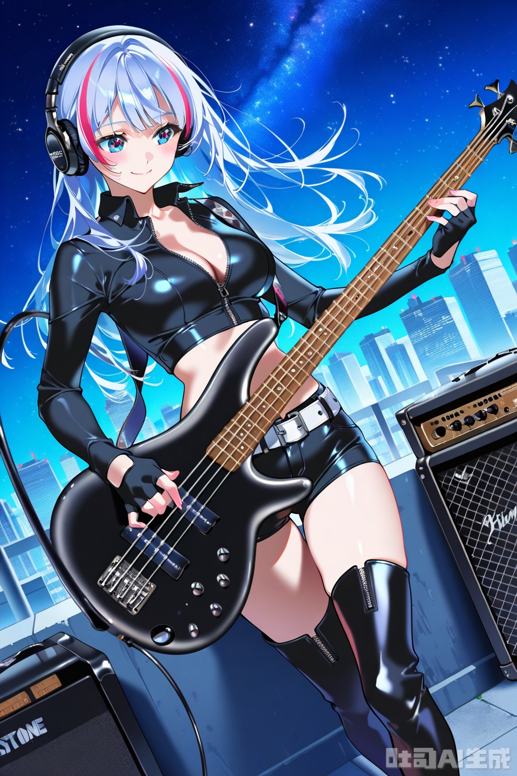 (1woman playing bass guitar),solo,dynamic angle, breasts,beautiful eyes,little smile,cool tone long hair,streaked long hair,glossy black leather long Sleeve,Open collar,bare hip unzipped cutouts cleavage on sides crop top,very short, dark leather shorts,white belt,fingerless gloves,lovestruck,headphone,thigh boots,speaker,amplifier,musical notes,skyscraper rooftop,outdoor,starry sky,textures,detailed texture,very detailed face,masterpiece,best quality,good quality,very awa,very aesthetic,absurdres,newest,
artist:yoneyama mai