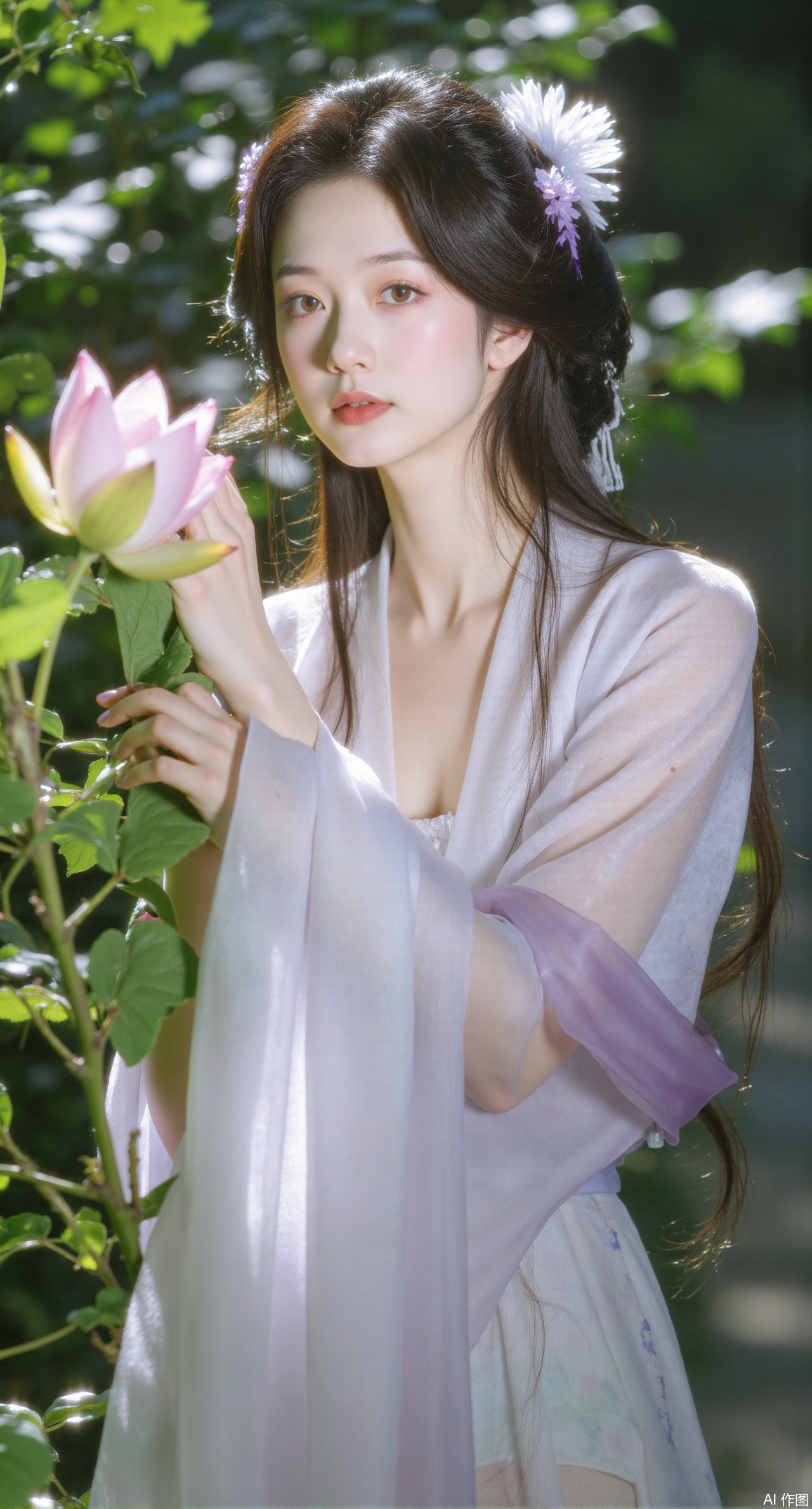 (masterpiece, best quality:1.2), highres, extremely detailed, 1girl,looking at viewer,indoors, (big breasts:2.69),Depth of field,garden of the sun,shiny,flowers, garden, 1girl, (Lotus:1.39), (butterflies, ultra detailed, glary,Light, light particles,glitter,reflect:1.29),Xdongjixiaofu,Xlanbaixiaofu,XkjwjlzyY,XLiquidGlass,XiPhone17Pro,Xshuilian,XzhuxianbiyaoX,Xfenlanliantiyongyi,Xvangoghs,Xzisehanfu,XluxueqiXY