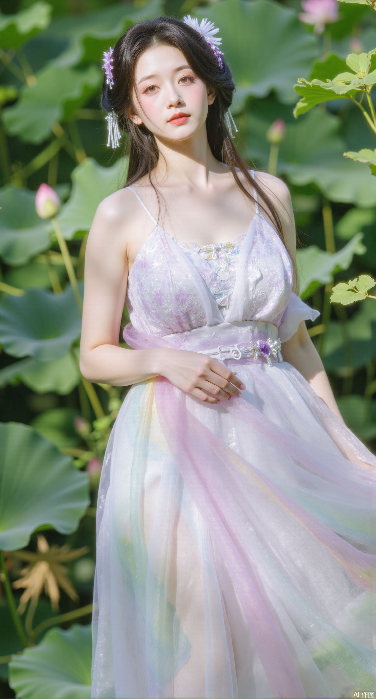 (masterpiece, best quality:1.2),1girl, navel, solo, midriff, bare shoulders, hair ornament,(long hair),(High double ponytail:1.49), red lips, BREAK, (looking at viewer:1.39), chinese clothes,(Holographic pink|green dress:1.36), (lace,Rainbow Gradient Color:1.28), BREAK,blurry, solo focus, long hair, lips, daytime, lipstick, outdoors, standing,upper body,(huge breasts:2.89), background, solo, makeup,(Liquid glass style flowers:1.49),(huge breasts:2.99),(full breasts:2.99),,(Background with lotus pond and pink lotus flowers:1.39),Xdongjixiaofu,Xlanbaixiaofu,XkjwjlzyY,XLiquidGlass,XiPhone17Pro,Xshuilian,XzhuxianbiyaoX,Xfenlanliantiyongyi,Xvangoghs,Xzisehanfu,XluxueqiXY