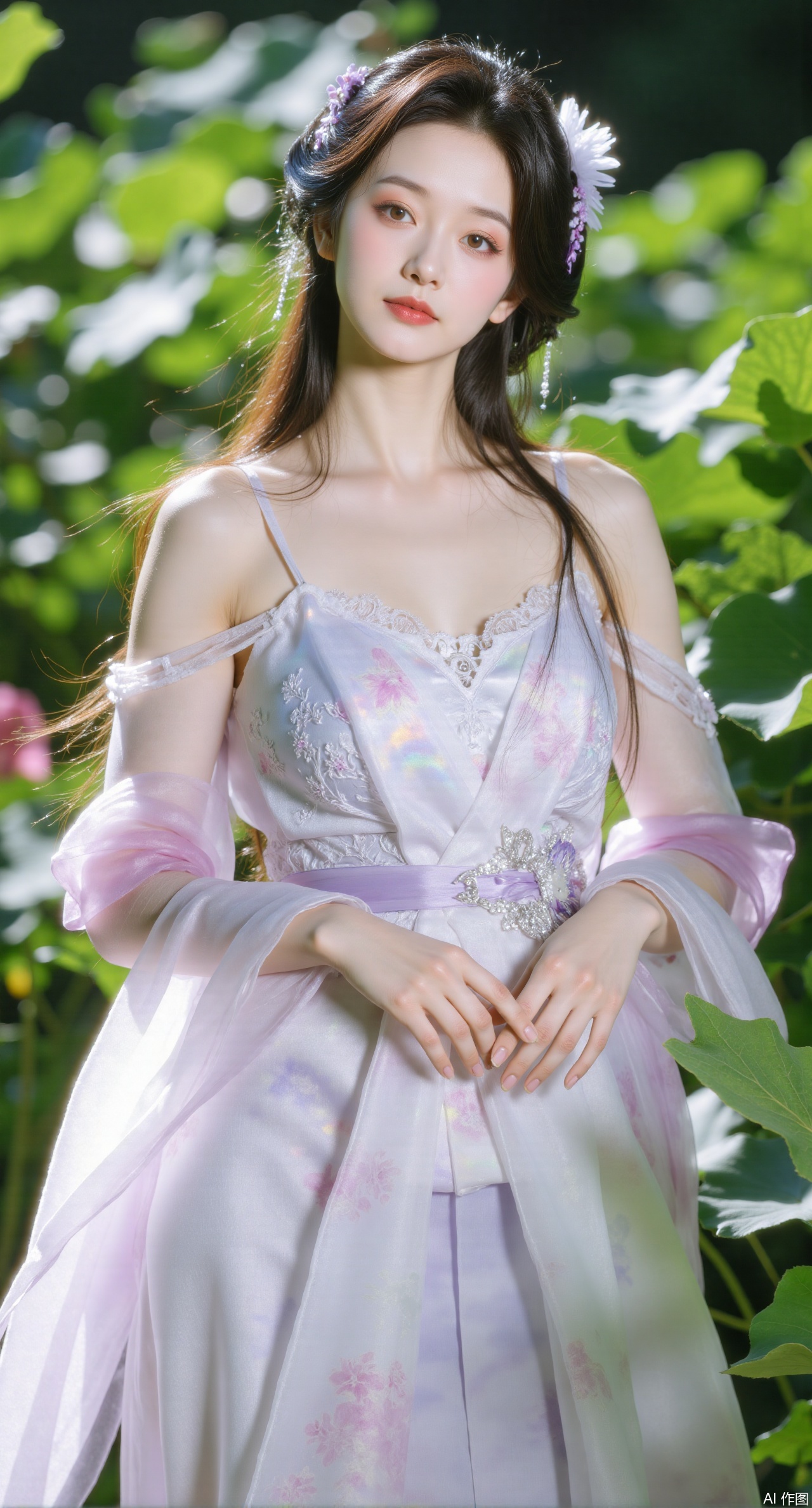 (masterpiece, best quality:1.2),1girl, navel, solo, midriff, bare shoulders, hair ornament,(long hair),(High double ponytail:1.49), red lips, BREAK, (looking at viewer:1.39), chinese clothes,(Holographic pink|green dress:1.36), (lace,Rainbow Gradient Color:1.28), BREAK,blurry, solo focus, long hair, lips, daytime, lipstick, outdoors, standing,upper body,(huge breasts:2.89), background, solo, makeup,(Liquid glass style flowers:1.49),(huge breasts:2.99),(full breasts:2.99),,(Background with lotus pond and pink lotus flowers:1.39),Xdongjixiaofu,Xlanbaixiaofu,XkjwjlzyY,XLiquidGlass,XiPhone17Pro,Xshuilian,XzhuxianbiyaoX,Xfenlanliantiyongyi,Xvangoghs,Xzisehanfu,XluxueqiXY