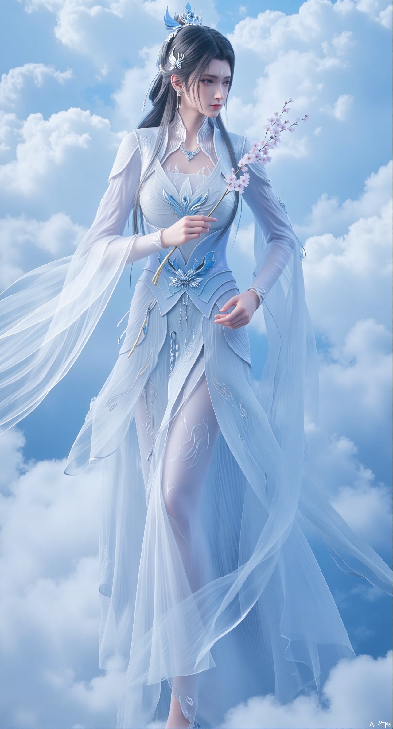 (masterpiece, best quality:1.2),A celestial beauty with long, blue hair that shimmers like the ocean under moonlight. She wears a translucent, sky-blue hanfu with silver thread embroidery that forms swirling patterns of water and clouds. She stands on a floating, crystal platform amidst a sea of fluffy, pastel-colored clouds, holding a branch of blooming cherry blossoms. Soft, dreamy lighting, flowing fabric, magical elements, 8K detail.(huge breasts:2.99),(full breasts:2.99),Xdongjixiaofu,Xlanbaixiaofu,XkjwjlzyY,XLiquidGlass,XiPhone17Pro,Xshuilian,XzhuxianbiyaoX,Xfenlanliantiyongyi,Xvangoghs,Xzisehanfu,XluxueqiXY,Xyaoyue