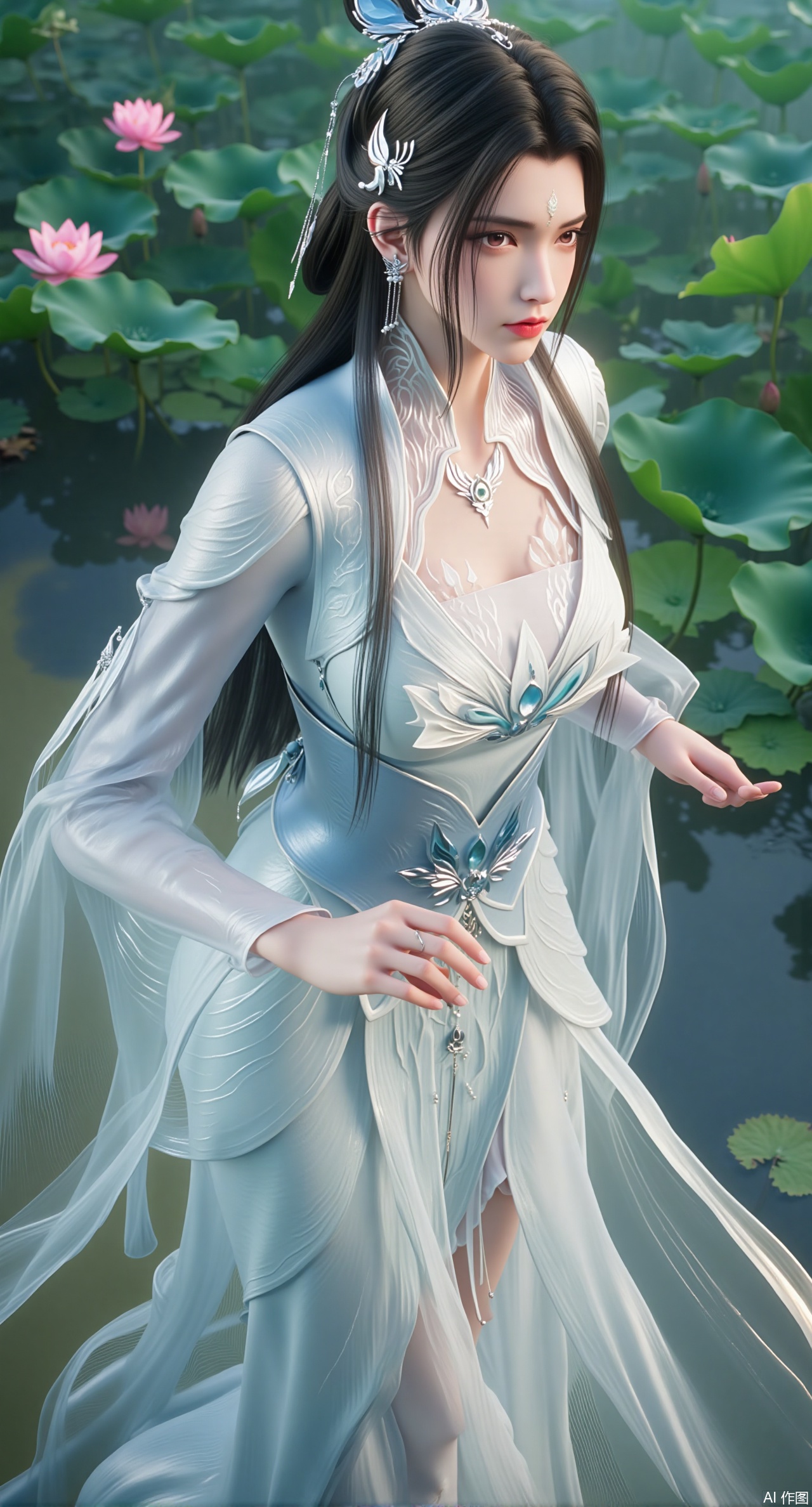 (masterpiece, best quality:1.2),1girl, navel, solo, midriff, bare shoulders, hair ornament,(long hair),(High double ponytail:1.49), red lips, BREAK, (looking at viewer:1.39), chinese clothes,(Holographic pink|green dress:1.36), (lace,Rainbow Gradient Color:1.28), BREAK,blurry, solo focus, long hair, lips, daytime, lipstick, outdoors, standing,upper body,(huge breasts:2.89), background, solo, makeup,(Liquid glass style flowers:1.49),(huge breasts:2.99),(full breasts:2.99),,(Background with lotus pond and pink lotus flowers:1.39),Xdongjixiaofu,Xlanbaixiaofu,XkjwjlzyY,XLiquidGlass,XiPhone17Pro,Xshuilian,XzhuxianbiyaoX,Xfenlanliantiyongyi,Xvangoghs,Xzisehanfu,XluxueqiXY