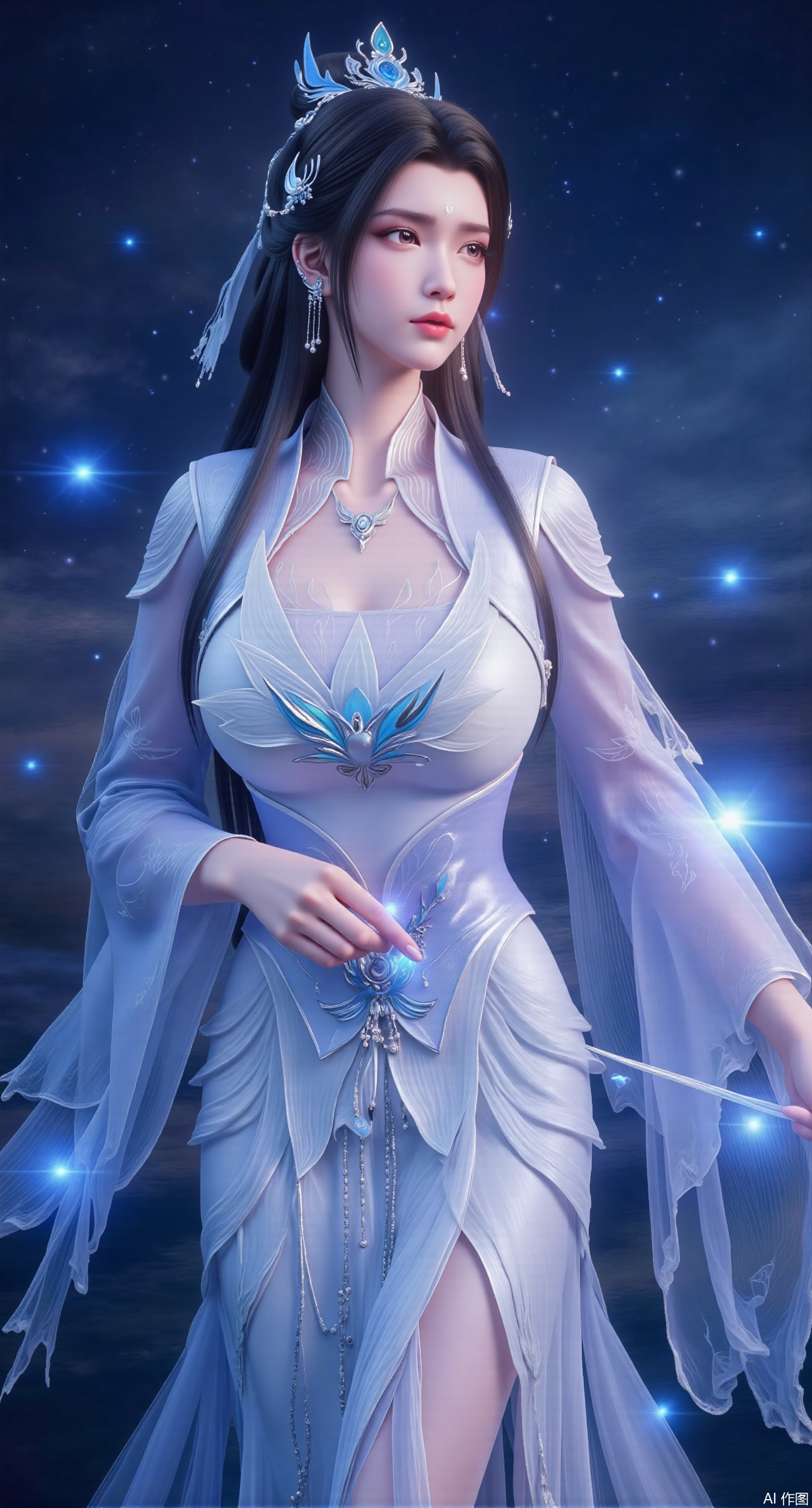 (masterpiece, best quality:1.2), A celestial musician goddess with long, rainbow-colored hair, wearing a flowing, starry hanfu. She plays a magical pipa that emits musical notes like stars. She floats in the night sky, surrounded by constellations. Iridescent colors, flowing fabric, musical motifs, cosmic atmosphere.,(huge breasts:2.99), (full breasts:2.99),Xqianqianmeinu,Xmoxionghanfu,Xleisiqipao,Xxeushengxiaofu,Xxiajixiaofu,Xzileisiqipao,XluxueqiXY2,Xyaoyuexianzi