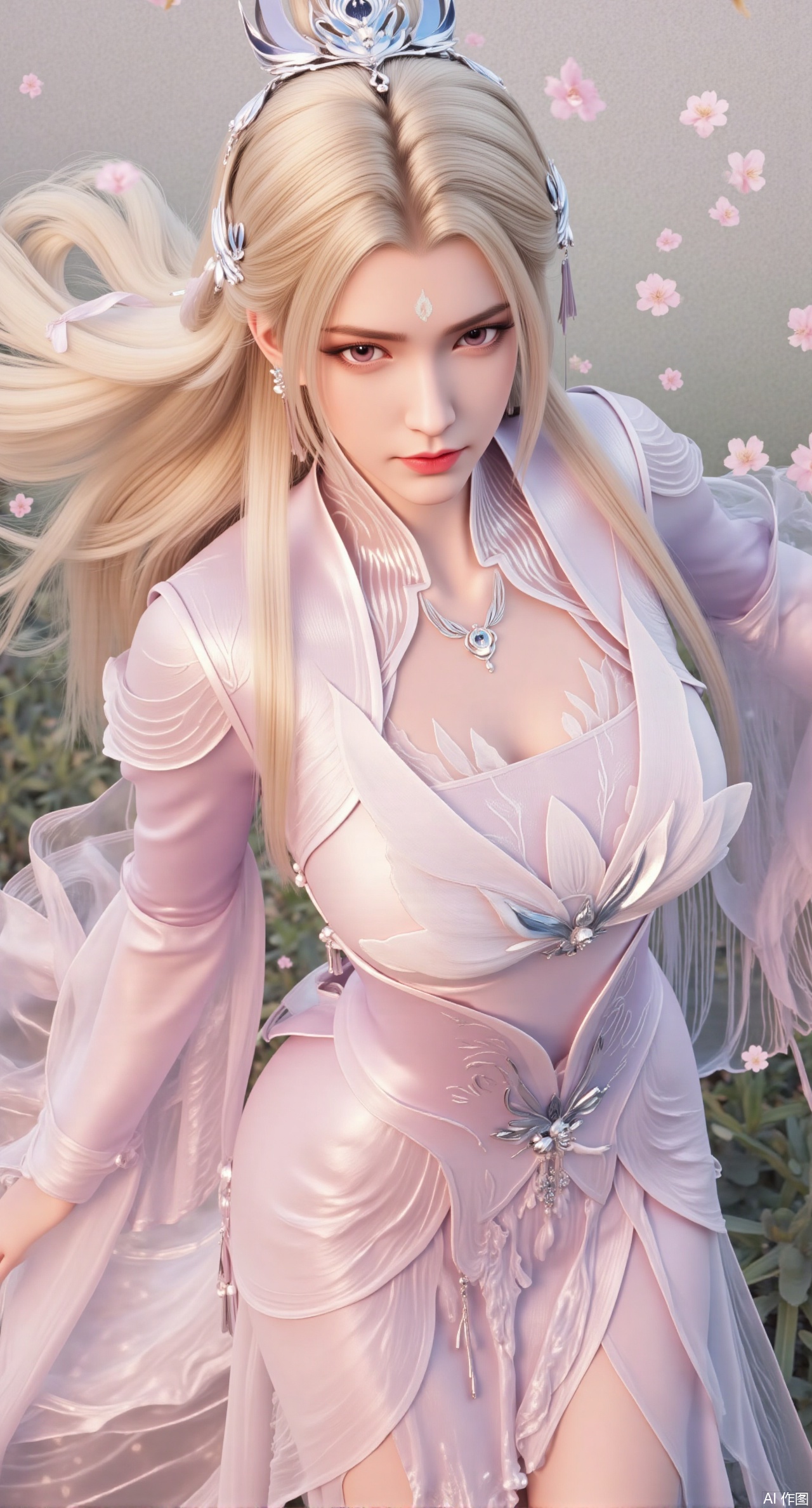 (masterpiece, best quality:1.2), A graceful flower goddess with long, golden hair, wearing a pastel pink hanfu adorned with blooming peonies. She floats in a field of flowers, surrounded by a gentle breeze that carries petals. Her expression is kind and serene. Soft colors, flowing lines, floral motifs, dreamy atmosphere,(huge breasts:2.99), (full breasts:2.99),Xqianqianmeinu,Xmoxionghanfu,Xleisiqipao,Xxeushengxiaofu,Xxiajixiaofu,Xzileisiqipao,XluxueqiXY2,Xyaoyuexianzi