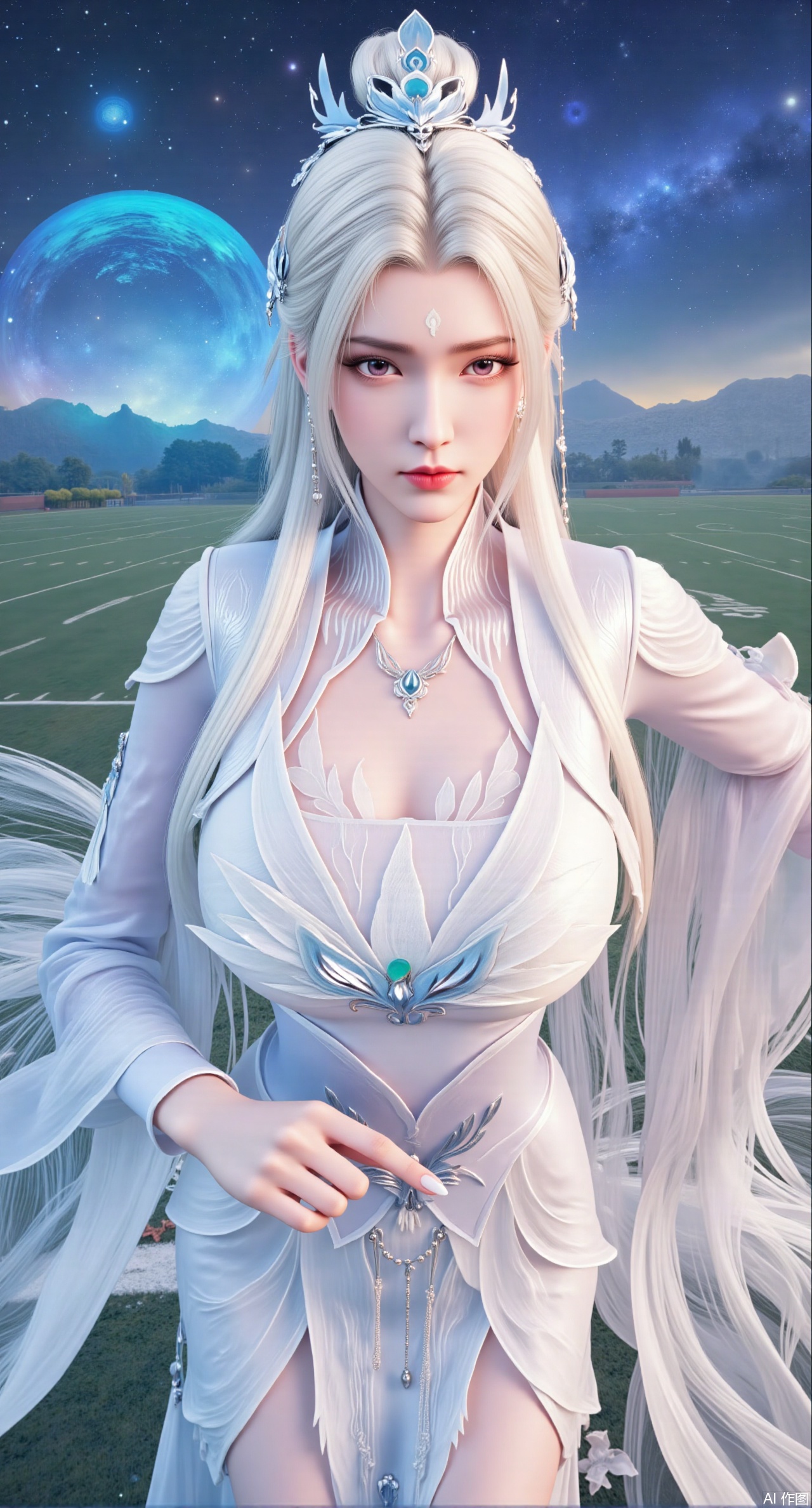 (masterpiece, best quality:1.2), A celestial goddess with long, flowing white hair adorned with jade ornaments, clad in a sheer, cloud-patterned hanfu that shimmers with a soft glow. She wields a golden guqin, her eyes serene and otherworldly. Behind her, a backdrop of floating islands and swirling galaxies. Vivid, vibrant colors, dynamic brush strokes, typical Chinese animation art style, high contrast, 8K resolution.,(huge breasts:2.99), (full breasts:2.99),background, solo, makeup,(The background is the school playground, Sitting on the grass on the football field:1.39),Xqianqianmeinu,Xmoxionghanfu,Xleisiqipao,Xxeushengxiaofu,Xxiajixiaofu,Xzileisiqipao,XluxueqiXY2,Xyaoyuexianzi