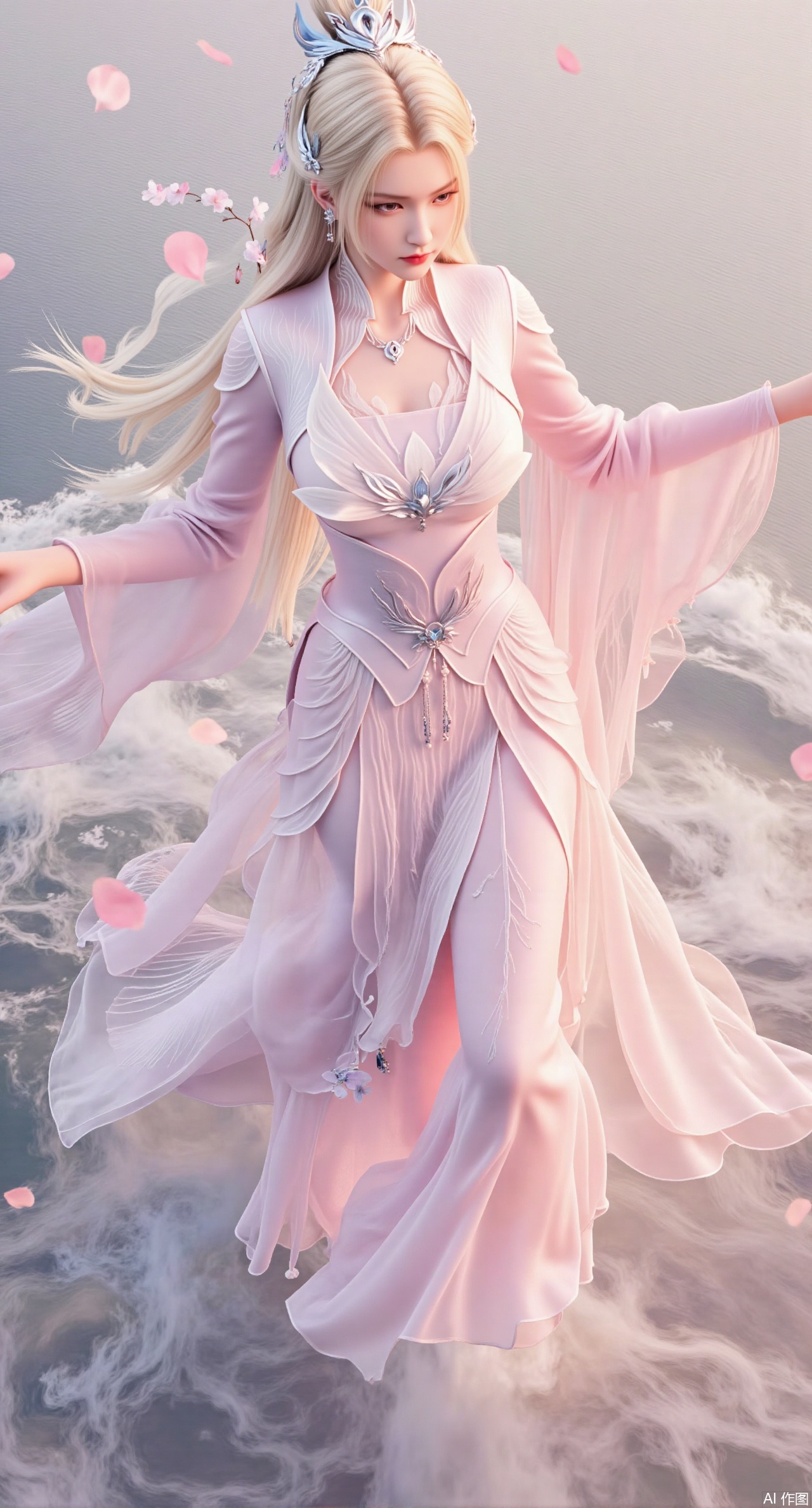 (masterpiece, best quality:1.2), A graceful flower goddess with long, golden hair, wearing a pastel pink hanfu adorned with blooming peonies. She floats in a field of flowers, surrounded by a gentle breeze that carries petals. Her expression is kind and serene. Soft colors, flowing lines, floral motifs, dreamy atmosphere,(huge breasts:2.99), (full breasts:2.99),Xqianqianmeinu,Xmoxionghanfu,Xleisiqipao,Xxeushengxiaofu,Xxiajixiaofu,Xzileisiqipao,XluxueqiXY2,Xyaoyuexianzi