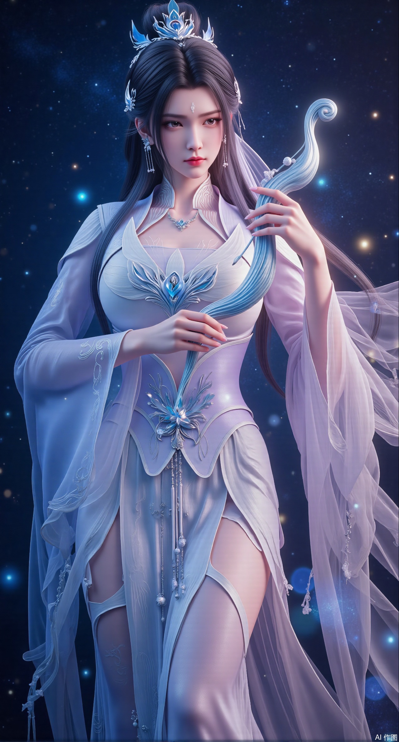 (masterpiece, best quality:1.2), A celestial musician goddess with long, rainbow-colored hair, wearing a flowing, starry hanfu. She plays a magical pipa that emits musical notes like stars. She floats in the night sky, surrounded by constellations. Iridescent colors, flowing fabric, musical motifs, cosmic atmosphere.,(huge breasts:2.99), (full breasts:2.99),Xqianqianmeinu,Xmoxionghanfu,Xleisiqipao,Xxeushengxiaofu,Xxiajixiaofu,Xzileisiqipao,XluxueqiXY2,Xyaoyuexianzi