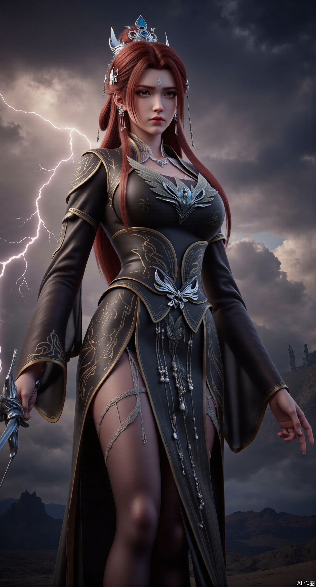 (masterpiece, best quality:1.2), A fierce warrior goddess with fiery red hair, donning a sleek, battle-ready qipao in black and gold. Her outfit is accented with dragon-scale patterns, and she wields a pair of twin dao swords. She stands on a desolate battlefield, with swirling dark clouds and lightning in the background. Strong character design, bold lines, Chinese ink wash elements, cinematic lighting.,(huge breasts:2.99), (full breasts:2.99),Xqianqianmeinu,Xmoxionghanfu,Xleisiqipao,Xxeushengxiaofu,Xxiajixiaofu,Xzileisiqipao,XluxueqiXY2,Xyaoyuexianzi