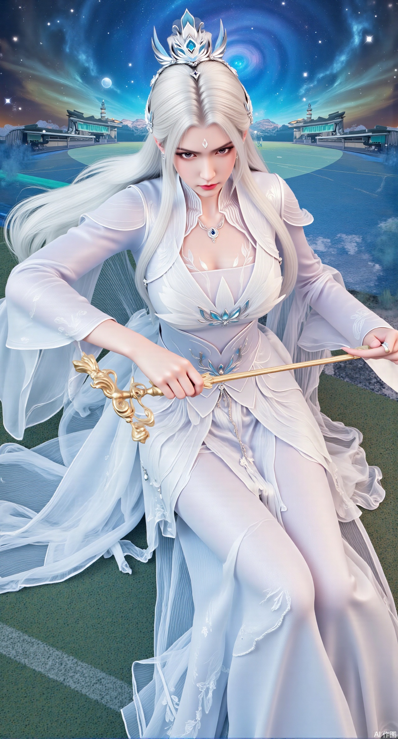 (masterpiece, best quality:1.2), A celestial goddess with long, flowing white hair adorned with jade ornaments, clad in a sheer, cloud-patterned hanfu that shimmers with a soft glow. She wields a golden guqin, her eyes serene and otherworldly. Behind her, a backdrop of floating islands and swirling galaxies. Vivid, vibrant colors, dynamic brush strokes, typical Chinese animation art style, high contrast, 8K resolution.,(huge breasts:2.99), (full breasts:2.99),background, solo, makeup,(The background is the school playground, Sitting on the grass on the football field:1.39),Xqianqianmeinu,Xmoxionghanfu,Xleisiqipao,Xxeushengxiaofu,Xxiajixiaofu,Xzileisiqipao,XluxueqiXY2,Xyaoyuexianzi