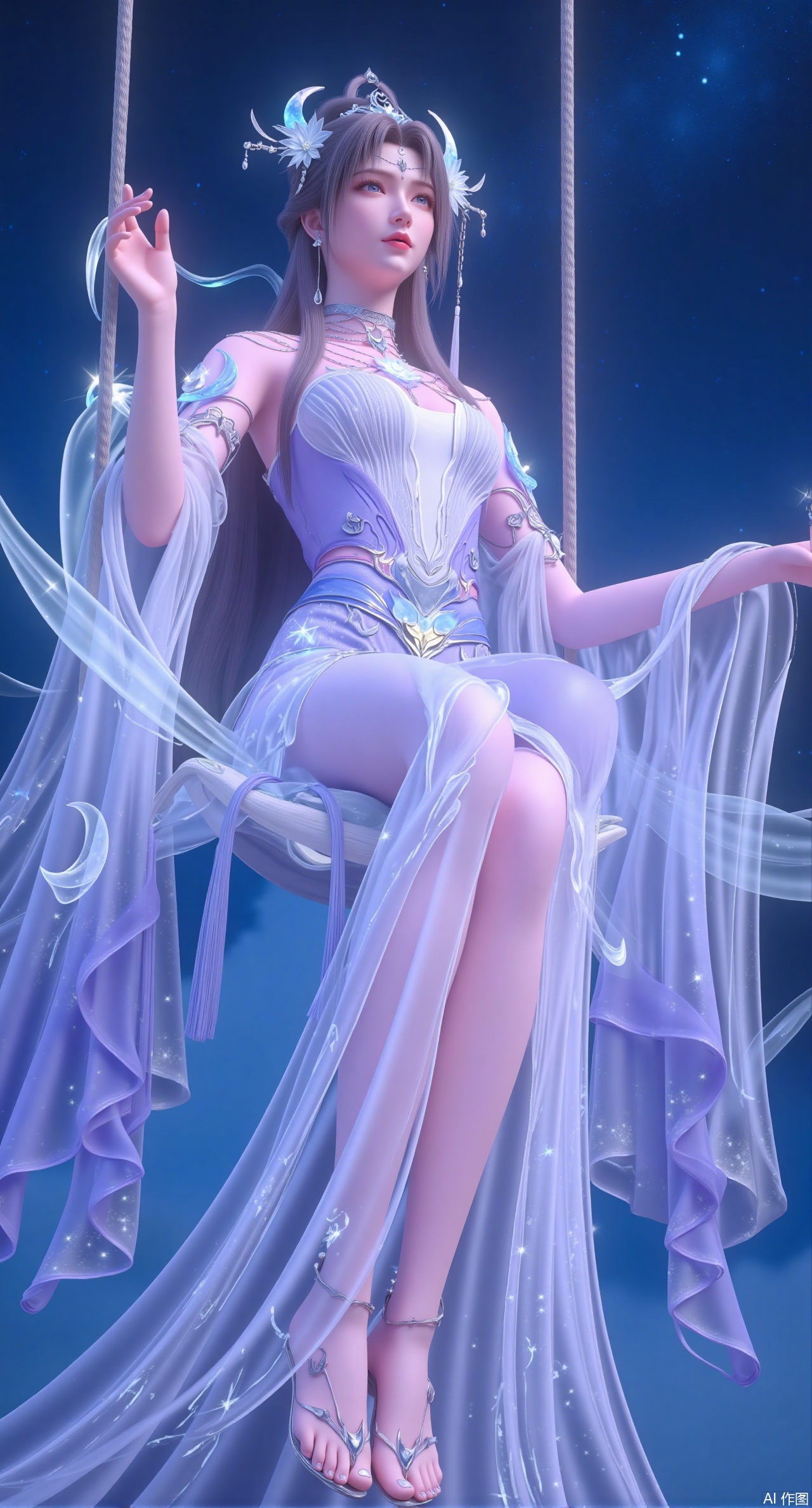(masterpiece, best quality:1.2), An enchanting goddess with long, lilac hair that flows like a gentle stream. She dons a sheer, lavender hanfu with delicate lace and embroidery of glowing moons and stars. She sits on a floating, crystal swing in the middle of a starry night sky, surrounded by a galaxy of twinkling lights. Soft, pastel purples, glowing effects, cosmic atmosphere, 8K quality.(huge breasts:2.99),(full breasts:2.99),Xdongjixiaofu,Xlanbaixiaofu,XkjwjlzyY,XLiquidGlass,XiPhone17Pro,Xshuilian,XzhuxianbiyaoX,Xfenlanliantiyongyi,Xvangoghs,Xzisehanfu,XluxueqiXY,Xyaoyue