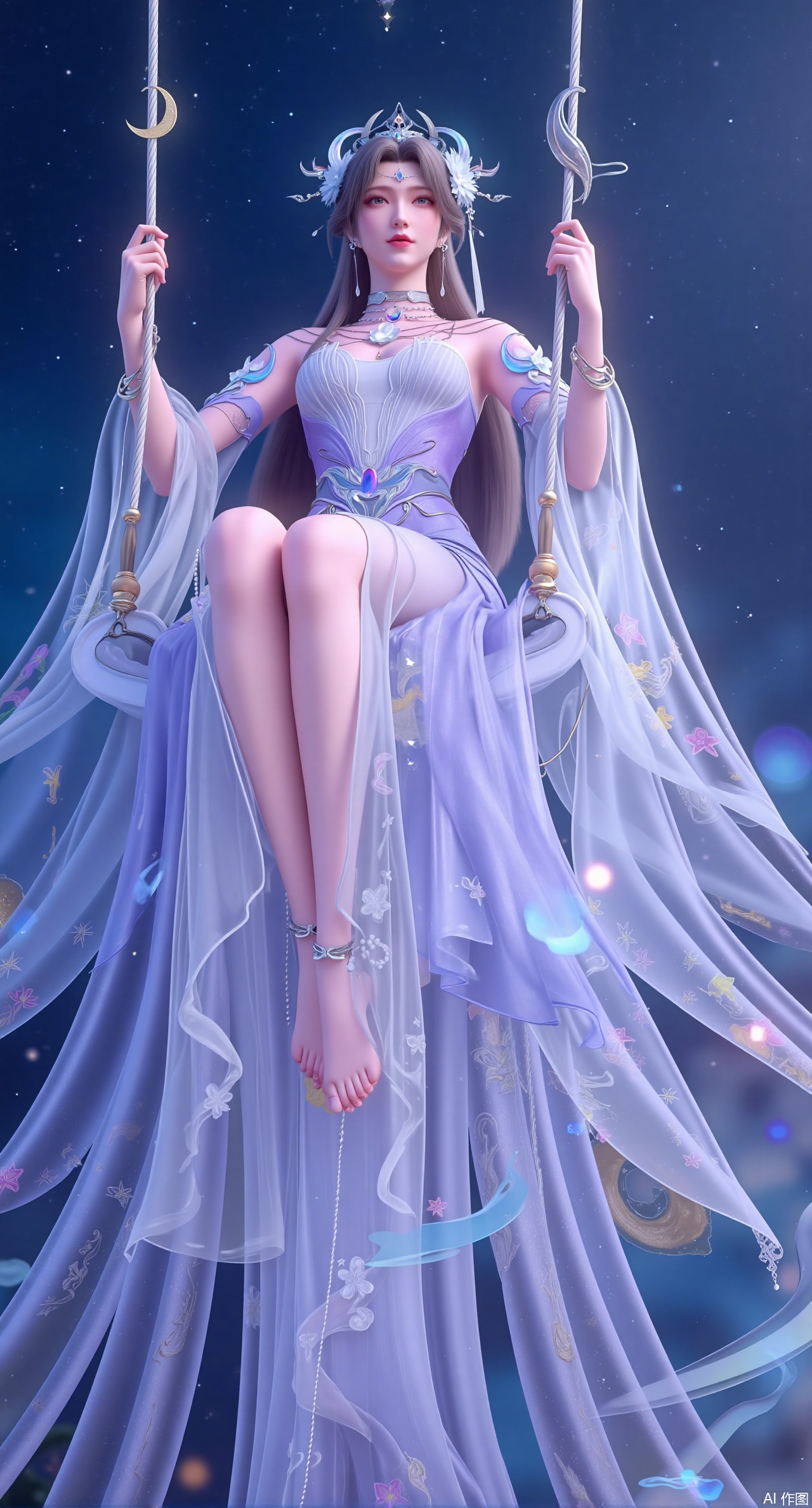 (masterpiece, best quality:1.2), An enchanting goddess with long, lilac hair that flows like a gentle stream. She dons a sheer, lavender hanfu with delicate lace and embroidery of glowing moons and stars. She sits on a floating, crystal swing in the middle of a starry night sky, surrounded by a galaxy of twinkling lights. Soft, pastel purples, glowing effects, cosmic atmosphere, 8K quality.(huge breasts:2.99),(full breasts:2.99),Xdongjixiaofu,Xlanbaixiaofu,XkjwjlzyY,XLiquidGlass,XiPhone17Pro,Xshuilian,XzhuxianbiyaoX,Xfenlanliantiyongyi,Xvangoghs,Xzisehanfu,XluxueqiXY,Xyaoyue