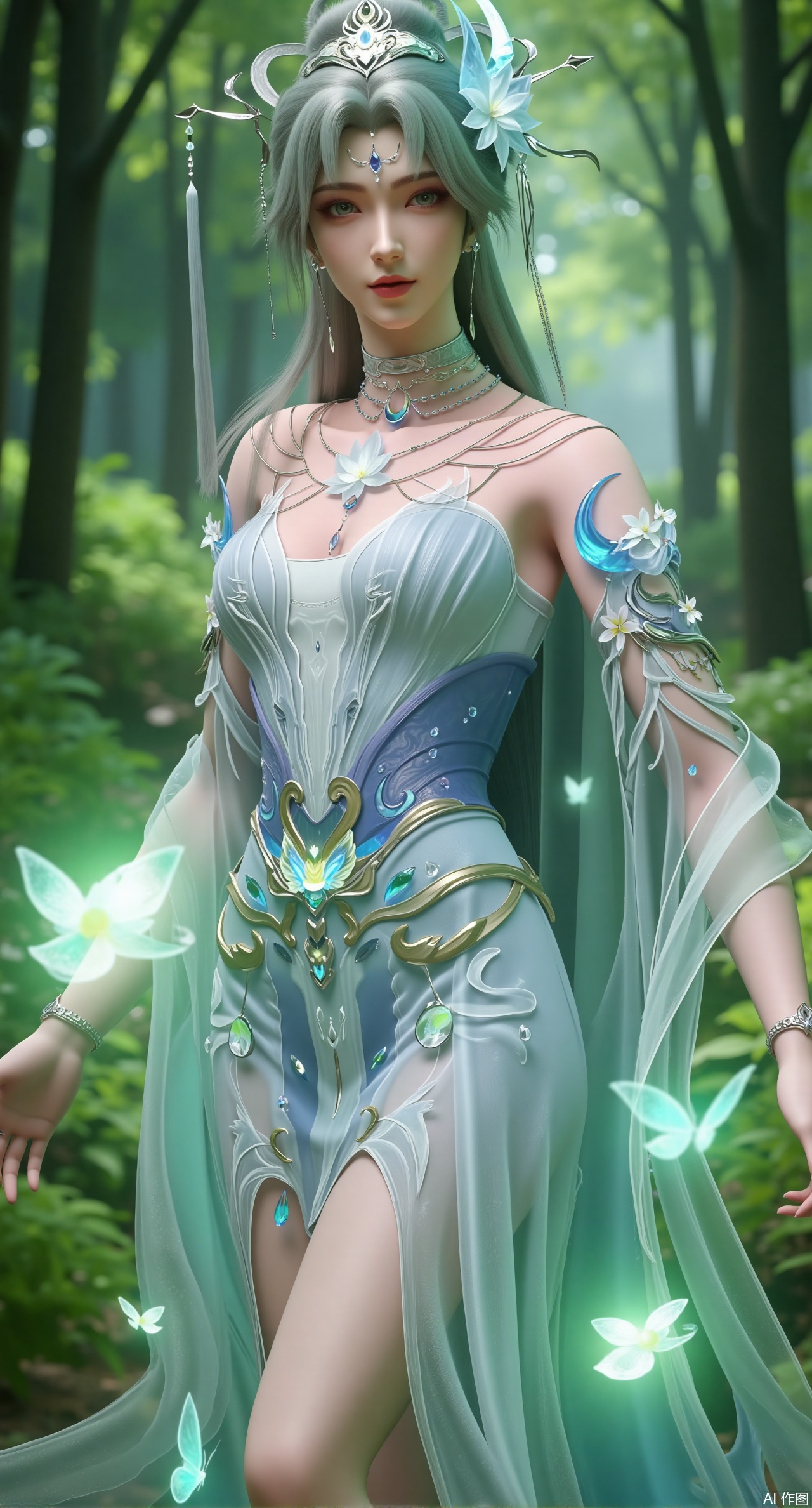 (masterpiece, best quality:1.2),A divine being with long, pastel-green hair that shimmers like dewdrops on leaves. She dons a sheer, mint-green hanfu with golden embroidery of fluttering butterflies and singing birds. She stands in a lush, enchanted forest filled with bioluminescent plants, her presence making the flowers bloom brighter. Soft natural light, flowing hair, magical forest elements, 8K quality..(huge breasts:2.99),(full breasts:2.99),Xdongjixiaofu,Xlanbaixiaofu,XkjwjlzyY,XLiquidGlass,XiPhone17Pro,Xshuilian,XzhuxianbiyaoX,Xfenlanliantiyongyi,Xvangoghs,Xzisehanfu,XluxueqiXY,Xyaoyue