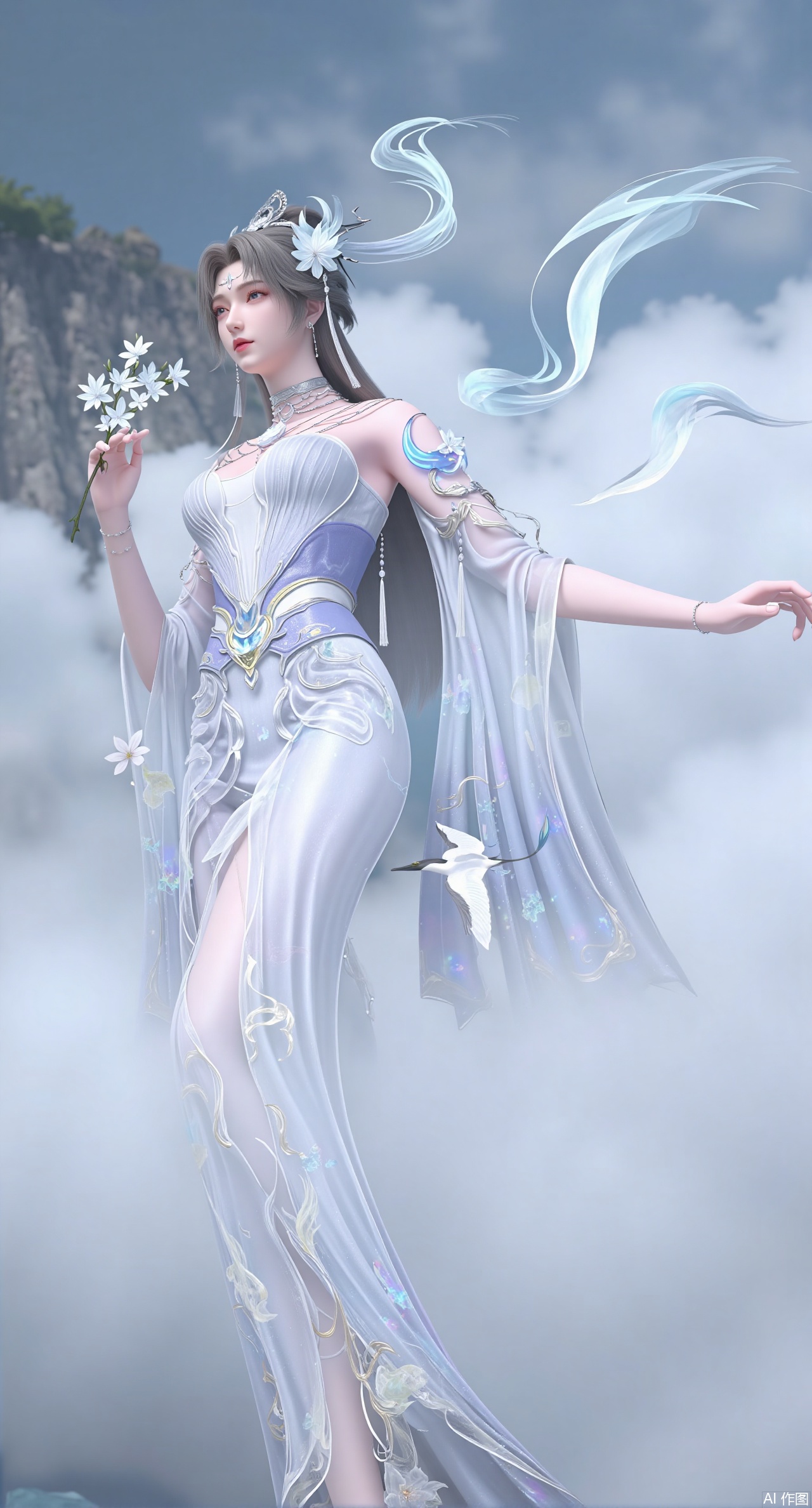 (masterpiece, best quality:1.2),A graceful fairy goddess with long, snow-white hair that billows in an unseen wind. She is dressed in a flowing, ivory hanfu with delicate embroidery of flying cranes and swirling mist. She stands on a cloud-kissed mountaintop, holding a branch of glowing frost flowers, her figure almost blending with the ethereal fog around her. Soft, cool tones, misty atmosphere, traditional Chinese elements, 8K detail..(huge breasts:2.99),(full breasts:2.99),Xdongjixiaofu,Xlanbaixiaofu,XkjwjlzyY,XLiquidGlass,XiPhone17Pro,Xshuilian,XzhuxianbiyaoX,Xfenlanliantiyongyi,Xvangoghs,Xzisehanfu,XluxueqiXY,Xyaoyue