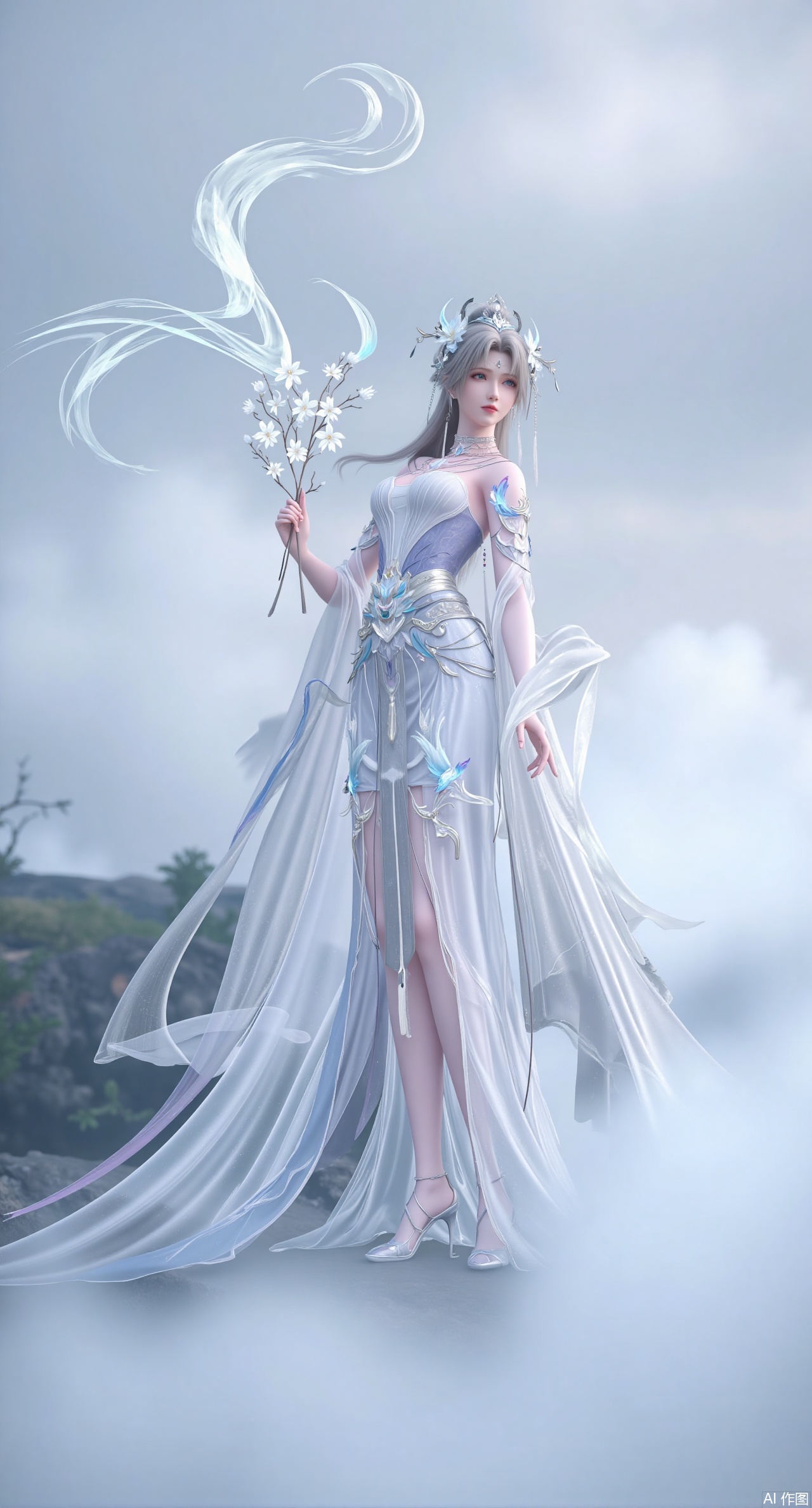 (masterpiece, best quality:1.2),A graceful fairy goddess with long, snow-white hair that billows in an unseen wind. She is dressed in a flowing, ivory hanfu with delicate embroidery of flying cranes and swirling mist. She stands on a cloud-kissed mountaintop, holding a branch of glowing frost flowers, her figure almost blending with the ethereal fog around her. Soft, cool tones, misty atmosphere, traditional Chinese elements, 8K detail..(huge breasts:2.99),(full breasts:2.99),Xdongjixiaofu,Xlanbaixiaofu,XkjwjlzyY,XLiquidGlass,XiPhone17Pro,Xshuilian,XzhuxianbiyaoX,Xfenlanliantiyongyi,Xvangoghs,Xzisehanfu,XluxueqiXY,Xyaoyue