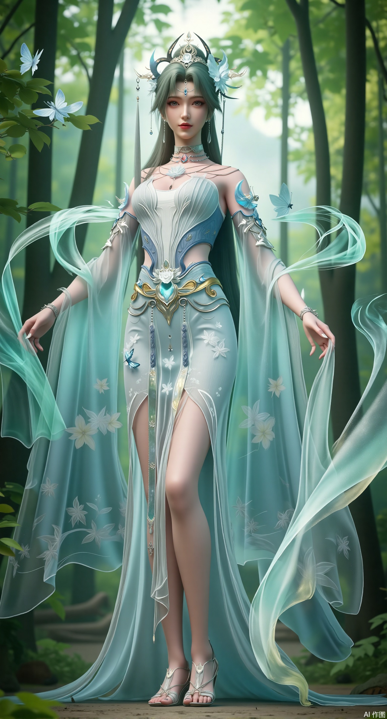 (masterpiece, best quality:1.2),A divine being with long, pastel-green hair that shimmers like dewdrops on leaves. She dons a sheer, mint-green hanfu with golden embroidery of fluttering butterflies and singing birds. She stands in a lush, enchanted forest filled with bioluminescent plants, her presence making the flowers bloom brighter. Soft natural light, flowing hair, magical forest elements, 8K quality..(huge breasts:2.99),(full breasts:2.99),Xdongjixiaofu,Xlanbaixiaofu,XkjwjlzyY,XLiquidGlass,XiPhone17Pro,Xshuilian,XzhuxianbiyaoX,Xfenlanliantiyongyi,Xvangoghs,Xzisehanfu,XluxueqiXY,Xyaoyue