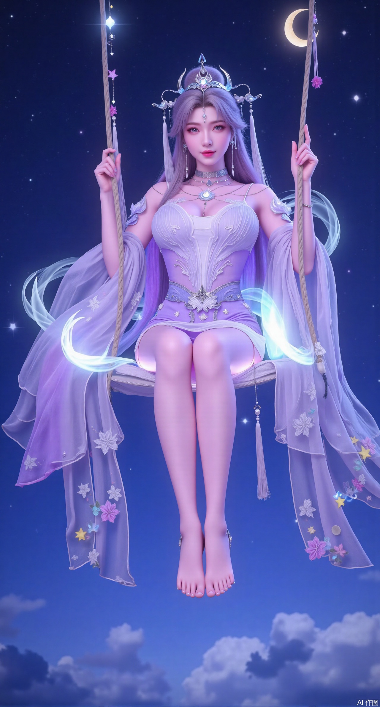 (masterpiece, best quality:1.2),An enchanting goddess with long, lilac hair that flows like a gentle stream. She dons a sheer, lavender hanfu with delicate lace and embroidery of glowing moons and stars. She sits on a floating, crystal swing in the middle of a starry night sky, surrounded by a galaxy of twinkling lights. Soft, pastel purples, glowing effects, cosmic atmosphere, 8K quality..(huge breasts:2.99), (full breasts:2.99),Xqianqianmeinu,Xmoxionghanfu,Xleisiqipao,Xxeushengxiaofu,Xxiajixiaofu,Xzileisiqipao,XluxueqiXY2,Xyaoyuexianzi
