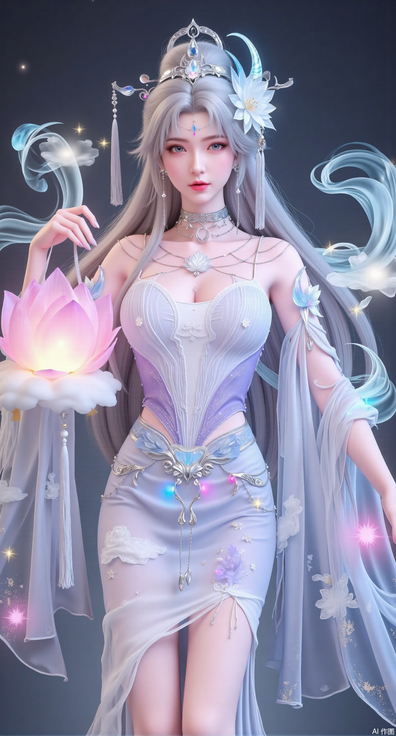 (masterpiece, best quality:1.2), A dreamy celestial goddess with long, silvery-white hair that flows like liquid moonlight. She wears a sheer, iridescent hanfu adorned with floating clouds and glowing stars, the fabric shimmering with every gentle movement. Her eyes sparkle like distant galaxies, and she holds a glowing lotus lantern, surrounded by a mist of iridescent particles. Soft pastel colors, flowing lines, magical atmosphere, 8K resolution.,(huge breasts:2.99), (full breasts:2.99),Xqianqianmeinu,Xmoxionghanfu,Xleisiqipao,Xxeushengxiaofu,Xxiajixiaofu,Xzileisiqipao,XluxueqiXY2,Xyaoyuexianzi