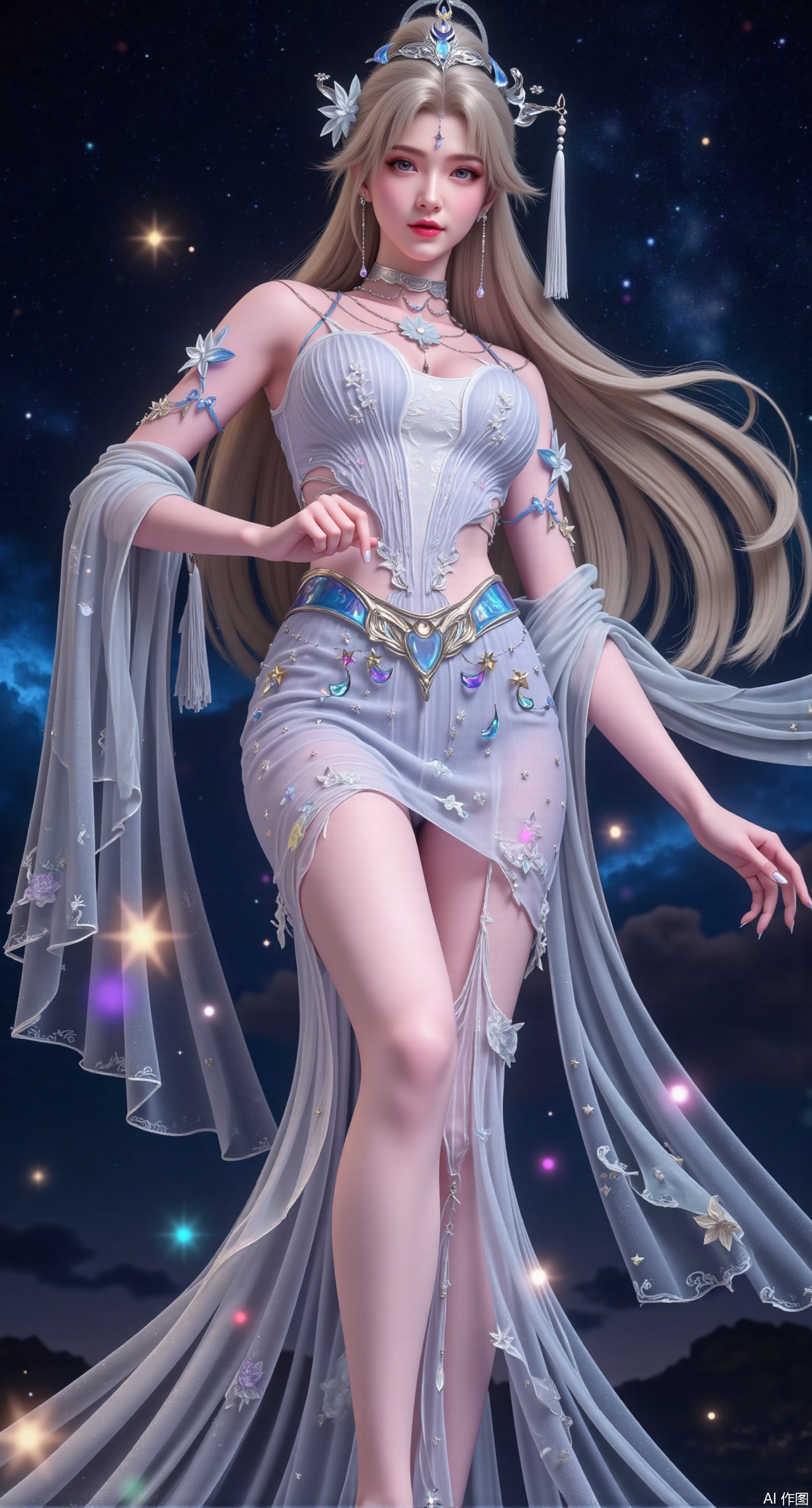 (masterpiece, best quality:1.2), A graceful goddess with cascading, golden hair that sparkles with tiny stars. She is dressed in a glittering, pearl-white hanfu, the hem decorated with falling stars and glowing constellations. She dances lightly in the starry night sky, surrounded by a shower of glowing stardust. Vivid, iridescent colors, dynamic movement, cosmic atmosphere, high contrast.(huge breasts:2.99), (full breasts:2.99),Xqianqianmeinu,Xmoxionghanfu,Xleisiqipao,Xxeushengxiaofu,Xxiajixiaofu,Xzileisiqipao,XluxueqiXY2,Xyaoyuexianzi