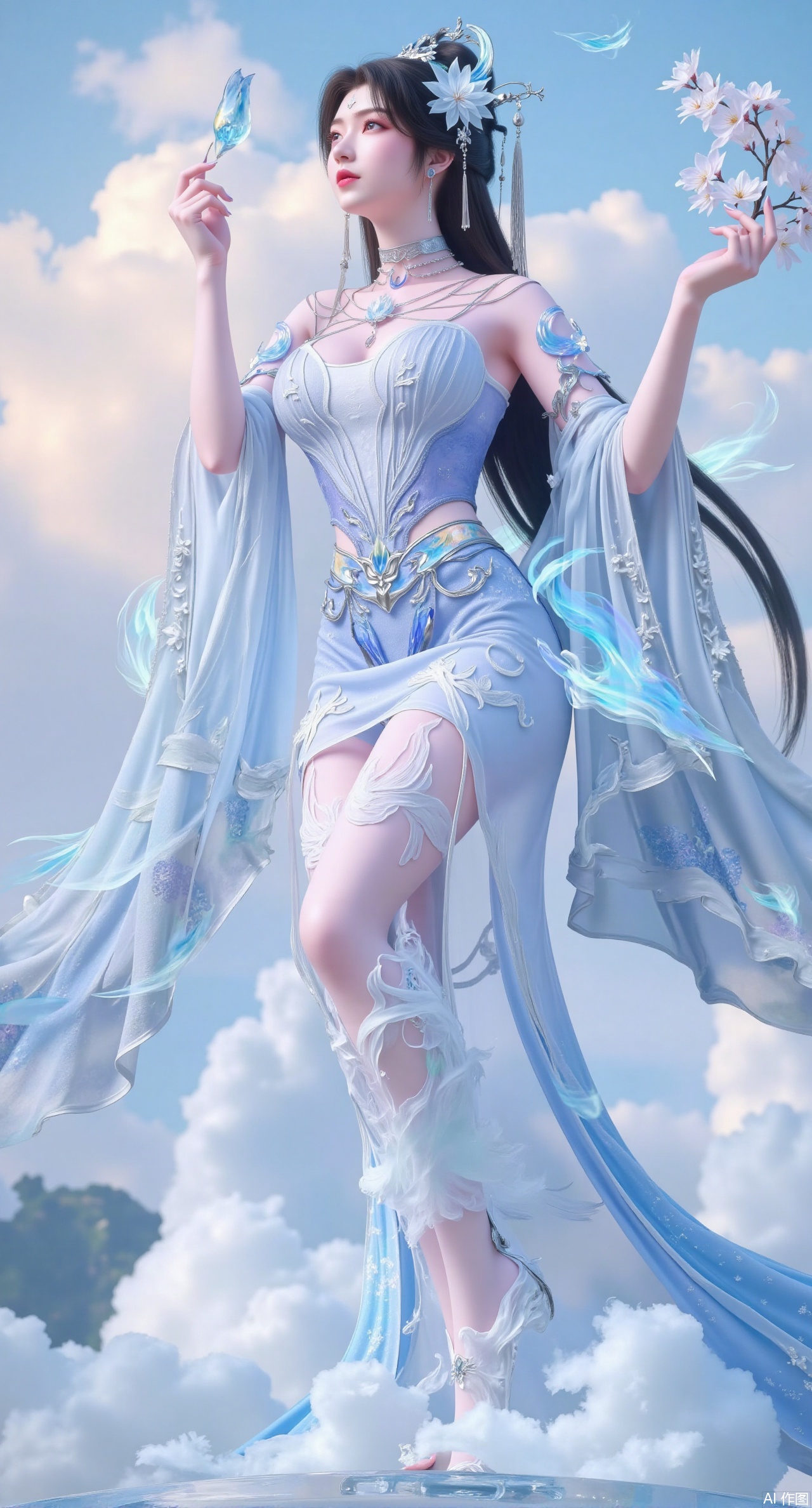 (masterpiece, best quality:1.2), A celestial beauty with long, blue hair that shimmers like the ocean under moonlight. She wears a translucent, sky-blue hanfu with silver thread embroidery that forms swirling patterns of water and clouds. She stands on a floating, crystal platform amidst a sea of fluffy, pastel-colored clouds, holding a branch of blooming cherry blossoms. Soft, dreamy lighting, flowing fabric, magical elements, 8K detail.,(huge breasts:2.99), (full breasts:2.99),Xqianqianmeinu,Xmoxionghanfu,Xleisiqipao,Xxeushengxiaofu,Xxiajixiaofu,Xzileisiqipao,XluxueqiXY2,Xyaoyuexianzi