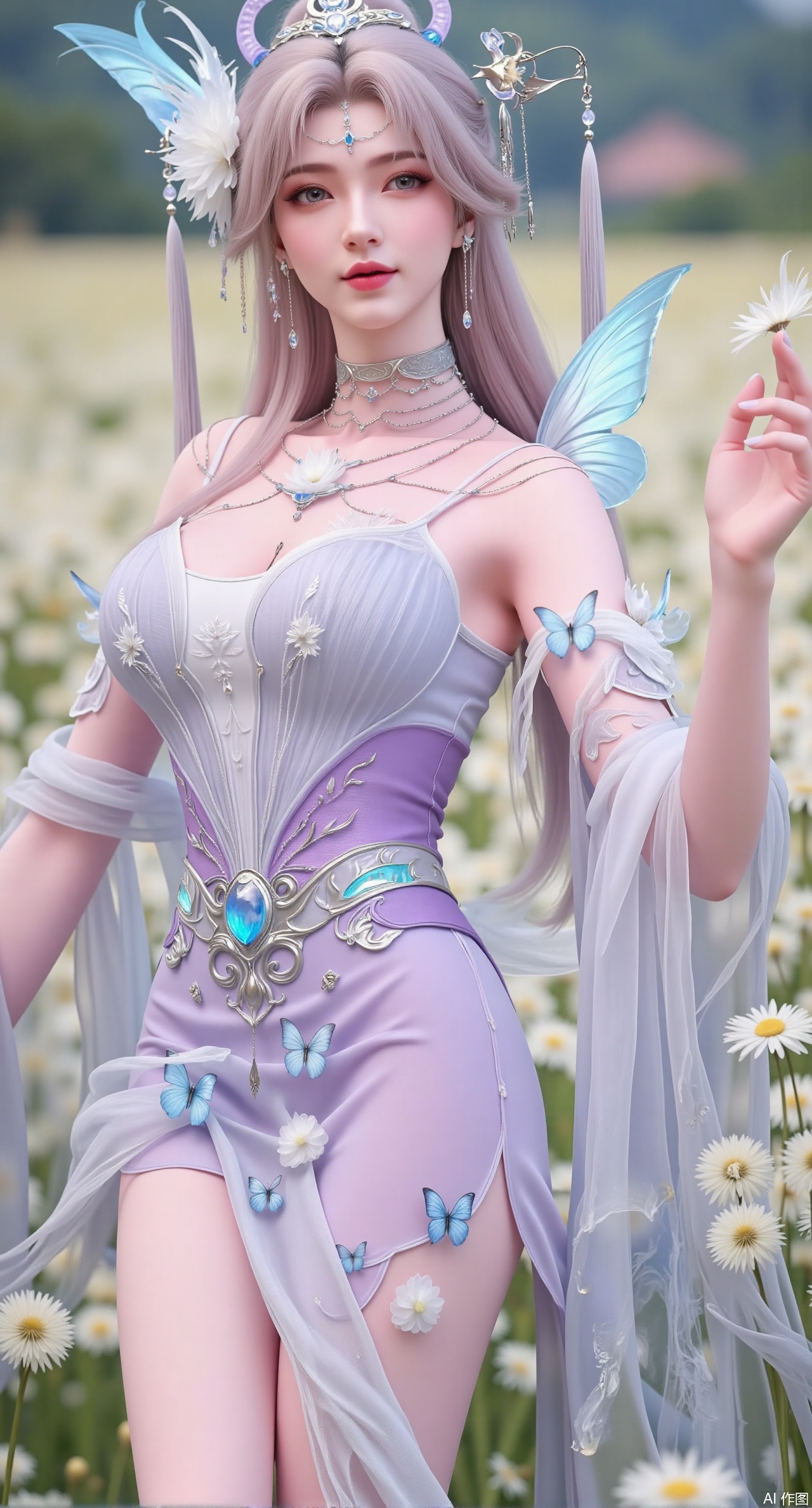 (masterpiece, best quality:1.2), An ethereal goddess with waist-length, wavy pink hair that seems to carry a gentle glow. She dons a flowing, lavender hanfu embroidered with delicate butterfly wings that flutter softly in an unseen breeze. She floats gracefully above a field of glowing dandelions, her expression serene and otherworldly. Glowing highlights, soft focus, pastel color palette, whimsical style.,(huge breasts:2.99), (full breasts:2.99),Xqianqianmeinu,Xmoxionghanfu,Xleisiqipao,Xxeushengxiaofu,Xxiajixiaofu,Xzileisiqipao,XluxueqiXY2,Xyaoyuexianzi