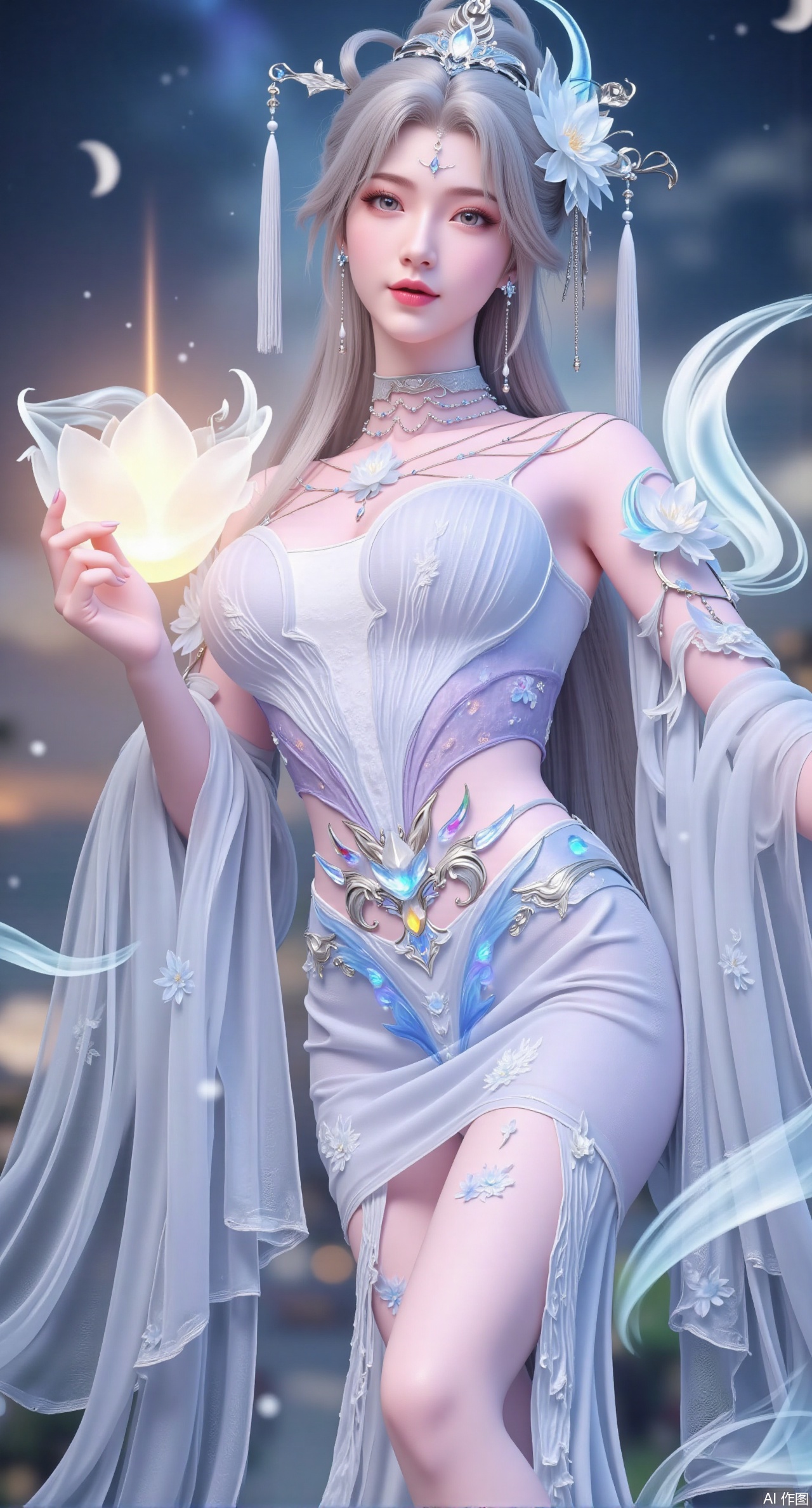 (masterpiece, best quality:1.2), A dreamy celestial goddess with long, silvery-white hair that flows like liquid moonlight. She wears a sheer, iridescent hanfu adorned with floating clouds and glowing stars, the fabric shimmering with every gentle movement. Her eyes sparkle like distant galaxies, and she holds a glowing lotus lantern, surrounded by a mist of iridescent particles. Soft pastel colors, flowing lines, magical atmosphere, 8K resolution.,(huge breasts:2.99), (full breasts:2.99),Xqianqianmeinu,Xmoxionghanfu,Xleisiqipao,Xxeushengxiaofu,Xxiajixiaofu,Xzileisiqipao,XluxueqiXY2,Xyaoyuexianzi