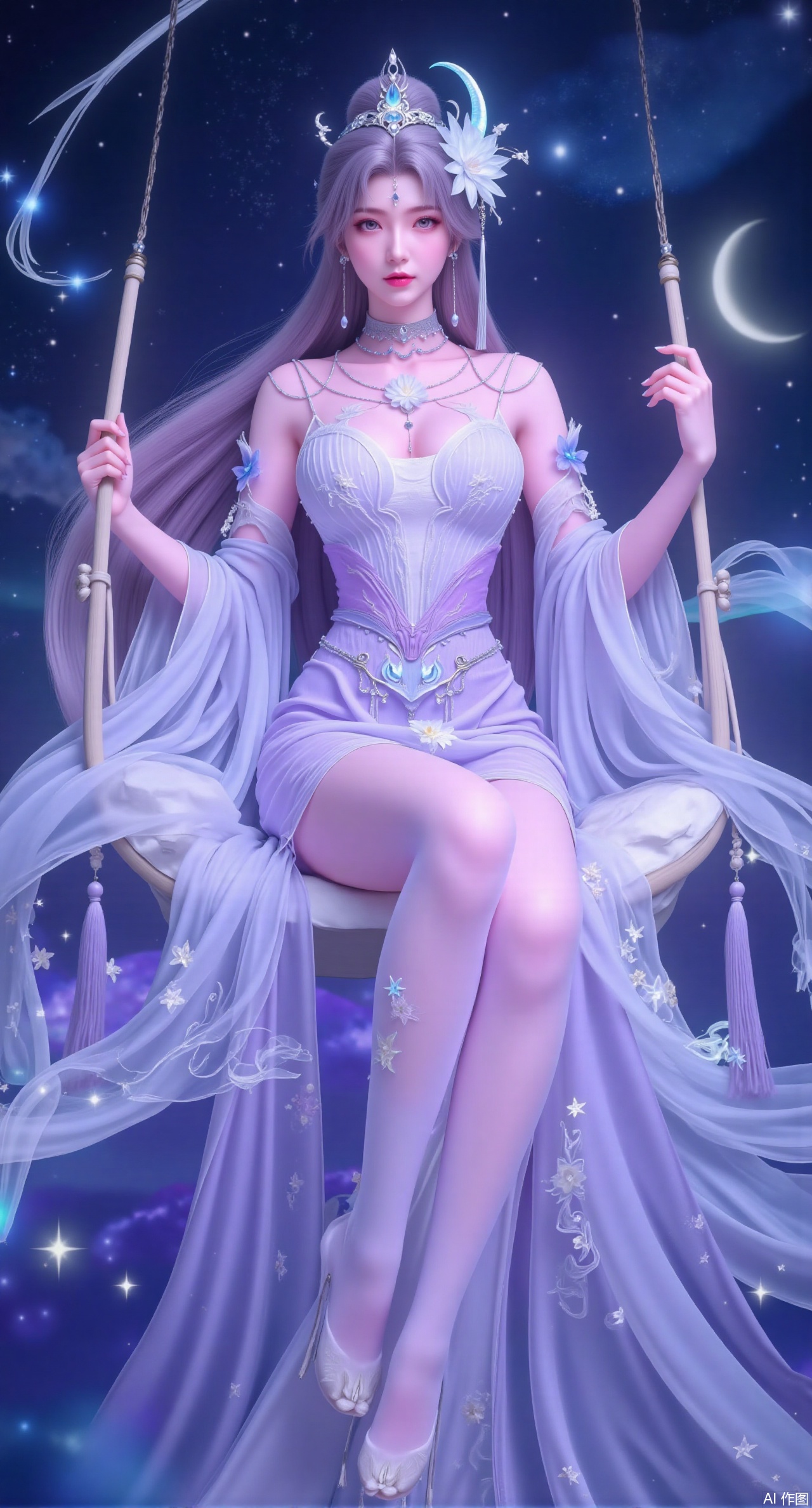 (masterpiece, best quality:1.2),An enchanting goddess with long, lilac hair that flows like a gentle stream. She dons a sheer, lavender hanfu with delicate lace and embroidery of glowing moons and stars. She sits on a floating, crystal swing in the middle of a starry night sky, surrounded by a galaxy of twinkling lights. Soft, pastel purples, glowing effects, cosmic atmosphere, 8K quality..(huge breasts:2.99), (full breasts:2.99),Xqianqianmeinu,Xmoxionghanfu,Xleisiqipao,Xxeushengxiaofu,Xxiajixiaofu,Xzileisiqipao,XluxueqiXY2,Xyaoyuexianzi