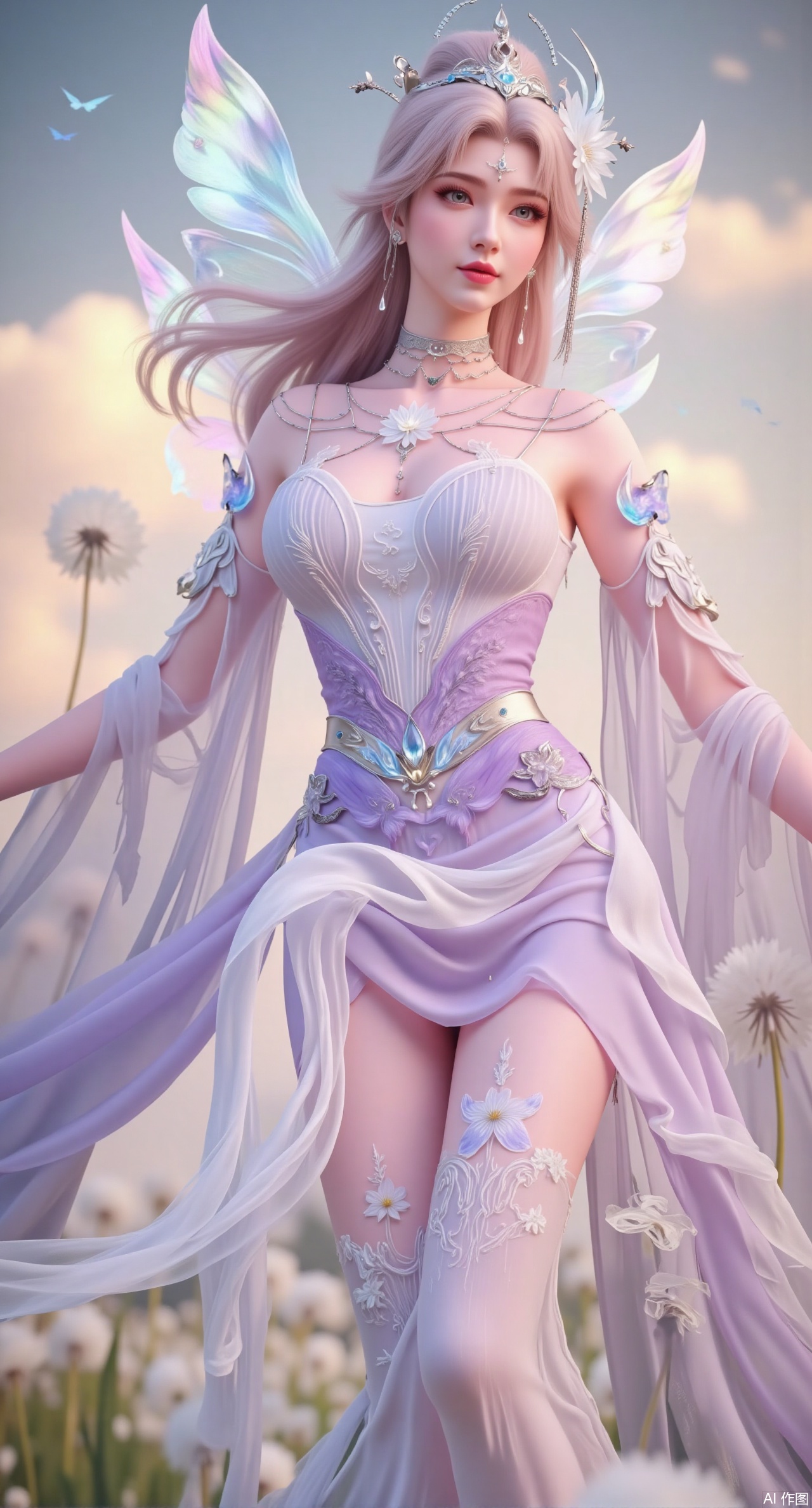 (masterpiece, best quality:1.2), An ethereal goddess with waist-length, wavy pink hair that seems to carry a gentle glow. She dons a flowing, lavender hanfu embroidered with delicate butterfly wings that flutter softly in an unseen breeze. She floats gracefully above a field of glowing dandelions, her expression serene and otherworldly. Glowing highlights, soft focus, pastel color palette, whimsical style.,(huge breasts:2.99), (full breasts:2.99),Xqianqianmeinu,Xmoxionghanfu,Xleisiqipao,Xxeushengxiaofu,Xxiajixiaofu,Xzileisiqipao,XluxueqiXY2,Xyaoyuexianzi