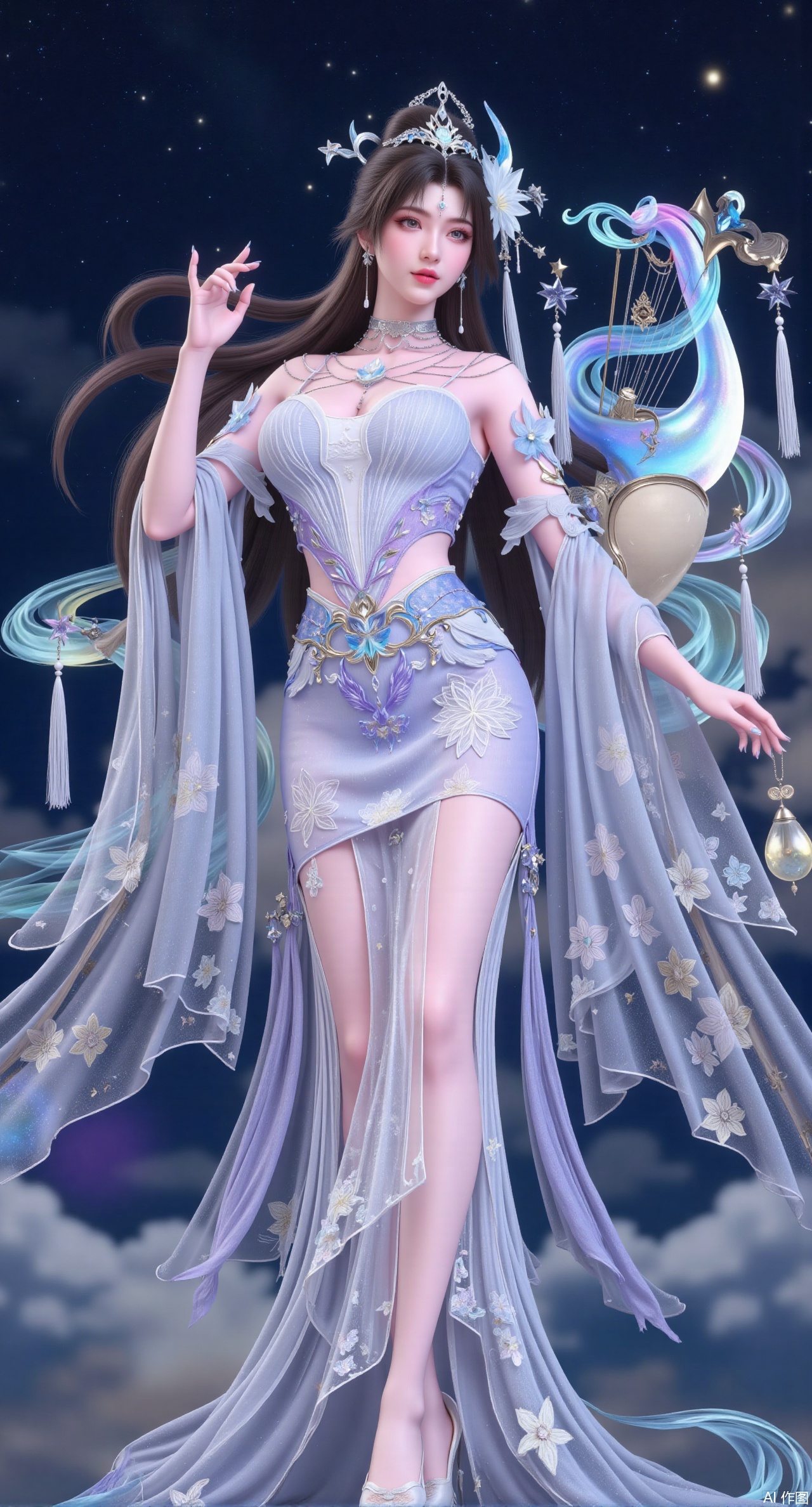 (masterpiece, best quality:1.2), A celestial musician goddess with long, rainbow-colored hair, wearing a flowing, starry hanfu. She plays a magical pipa that emits musical notes like stars. She floats in the night sky, surrounded by constellations. Iridescent colors, flowing fabric, musical motifs, cosmic atmosphere.,(huge breasts:2.99), (full breasts:2.99),Xqianqianmeinu,Xmoxionghanfu,Xleisiqipao,Xxeushengxiaofu,Xxiajixiaofu,Xzileisiqipao,XluxueqiXY2,Xyaoyuexianzi