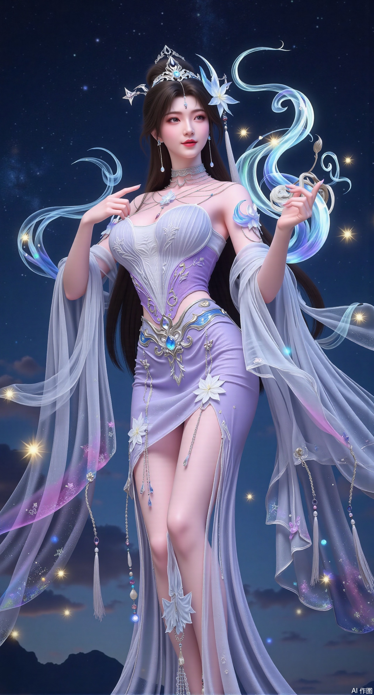 (masterpiece, best quality:1.2), A celestial musician goddess with long, rainbow-colored hair, wearing a flowing, starry hanfu. She plays a magical pipa that emits musical notes like stars. She floats in the night sky, surrounded by constellations. Iridescent colors, flowing fabric, musical motifs, cosmic atmosphere.,(huge breasts:2.99), (full breasts:2.99),Xqianqianmeinu,Xmoxionghanfu,Xleisiqipao,Xxeushengxiaofu,Xxiajixiaofu,Xzileisiqipao,XluxueqiXY2,Xyaoyuexianzi
