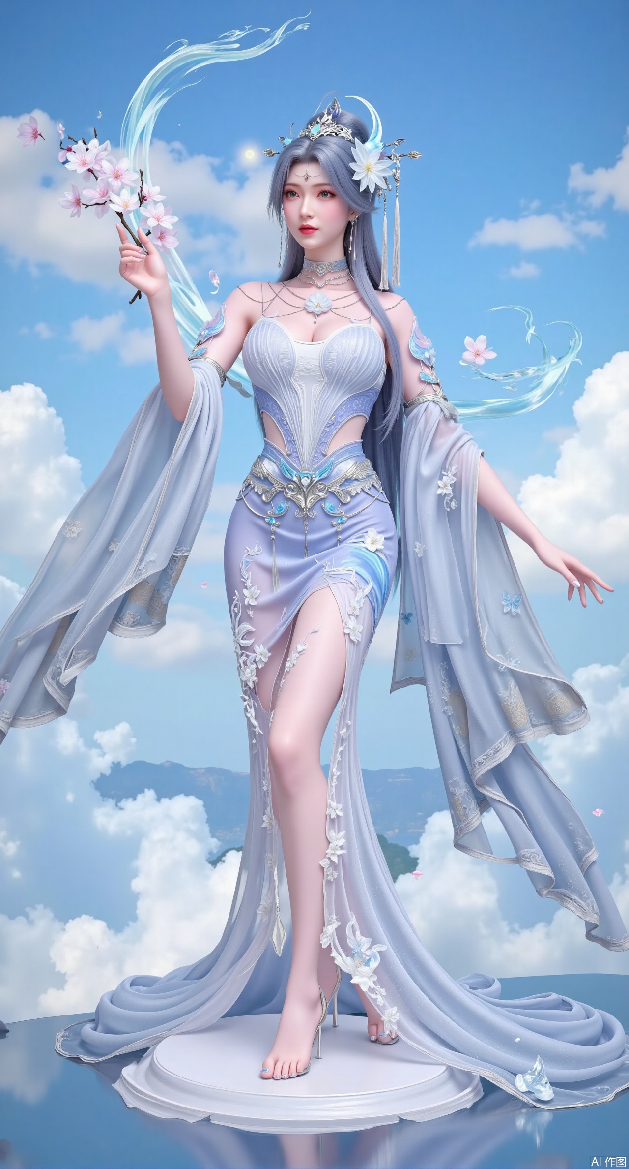 (masterpiece, best quality:1.2), A celestial beauty with long, blue hair that shimmers like the ocean under moonlight. She wears a translucent, sky-blue hanfu with silver thread embroidery that forms swirling patterns of water and clouds. She stands on a floating, crystal platform amidst a sea of fluffy, pastel-colored clouds, holding a branch of blooming cherry blossoms. Soft, dreamy lighting, flowing fabric, magical elements, 8K detail.,(huge breasts:2.99), (full breasts:2.99),Xqianqianmeinu,Xmoxionghanfu,Xleisiqipao,Xxeushengxiaofu,Xxiajixiaofu,Xzileisiqipao,XluxueqiXY2,Xyaoyuexianzi