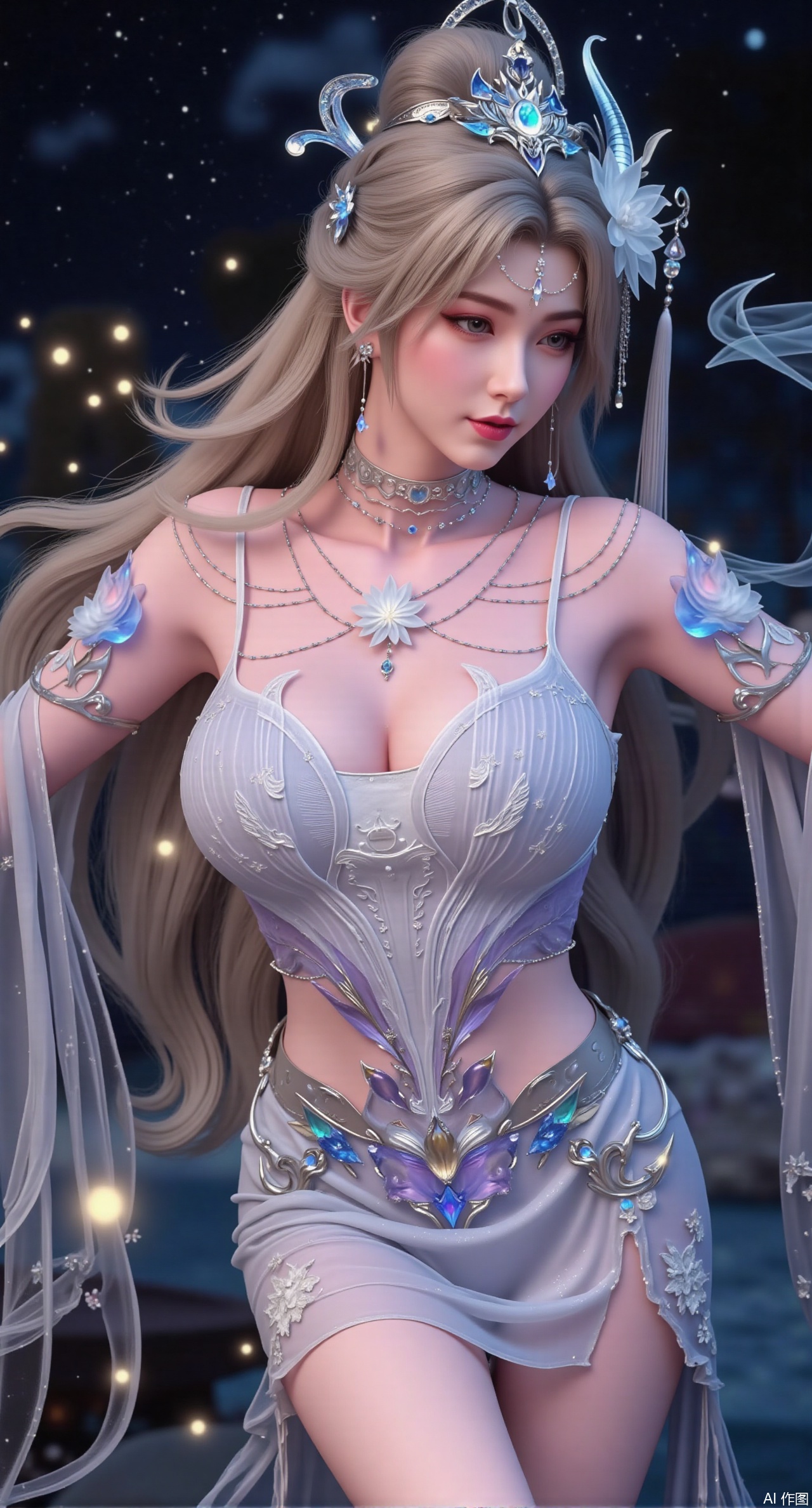 (masterpiece, best quality:1.2), A graceful goddess with cascading, golden hair that sparkles with tiny stars. She is dressed in a glittering, pearl-white hanfu, the hem decorated with falling stars and glowing constellations. She dances lightly in the starry night sky, surrounded by a shower of glowing stardust. Vivid, iridescent colors, dynamic movement, cosmic atmosphere, high contrast.(huge breasts:2.99), (full breasts:2.99),Xqianqianmeinu,Xmoxionghanfu,Xleisiqipao,Xxeushengxiaofu,Xxiajixiaofu,Xzileisiqipao,XluxueqiXY2,Xyaoyuexianzi