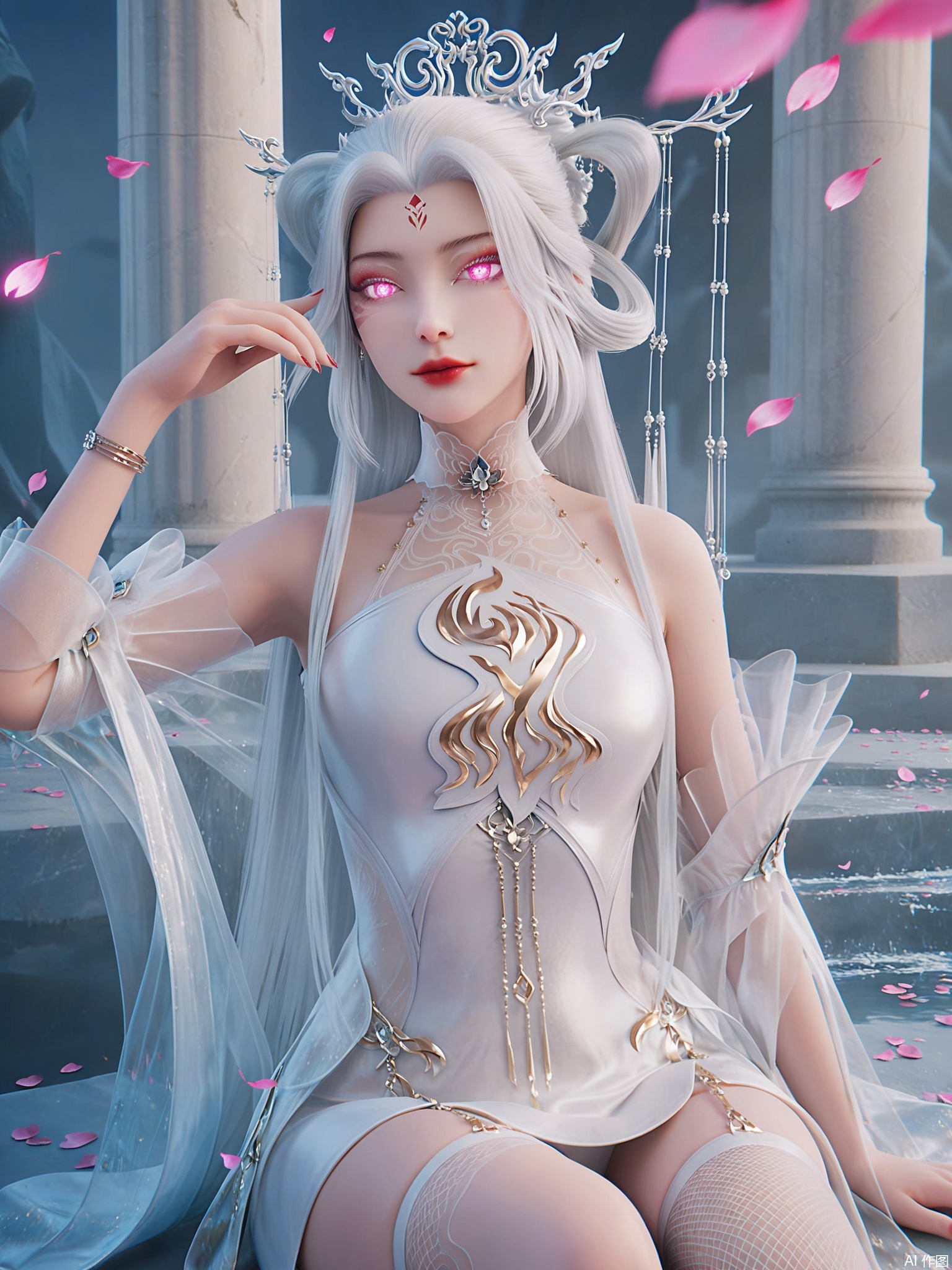 score_9,score_8_up,score_7_up,1girl,looking_at_viewer,realistic,1girl,Vivid Colors,bright environment,delicate water,hair_ornament,shiny skin,shiny hair,reflection,dress,flower sea,falling petals,extreme detail description,(upper body:0.3),put one hand on your side,long_hair,(skindentation:1.3),Fishnet stockings,bright,sunshine on face,light,sweating,dress,light,pillar,sitting_down,glowing eyes,