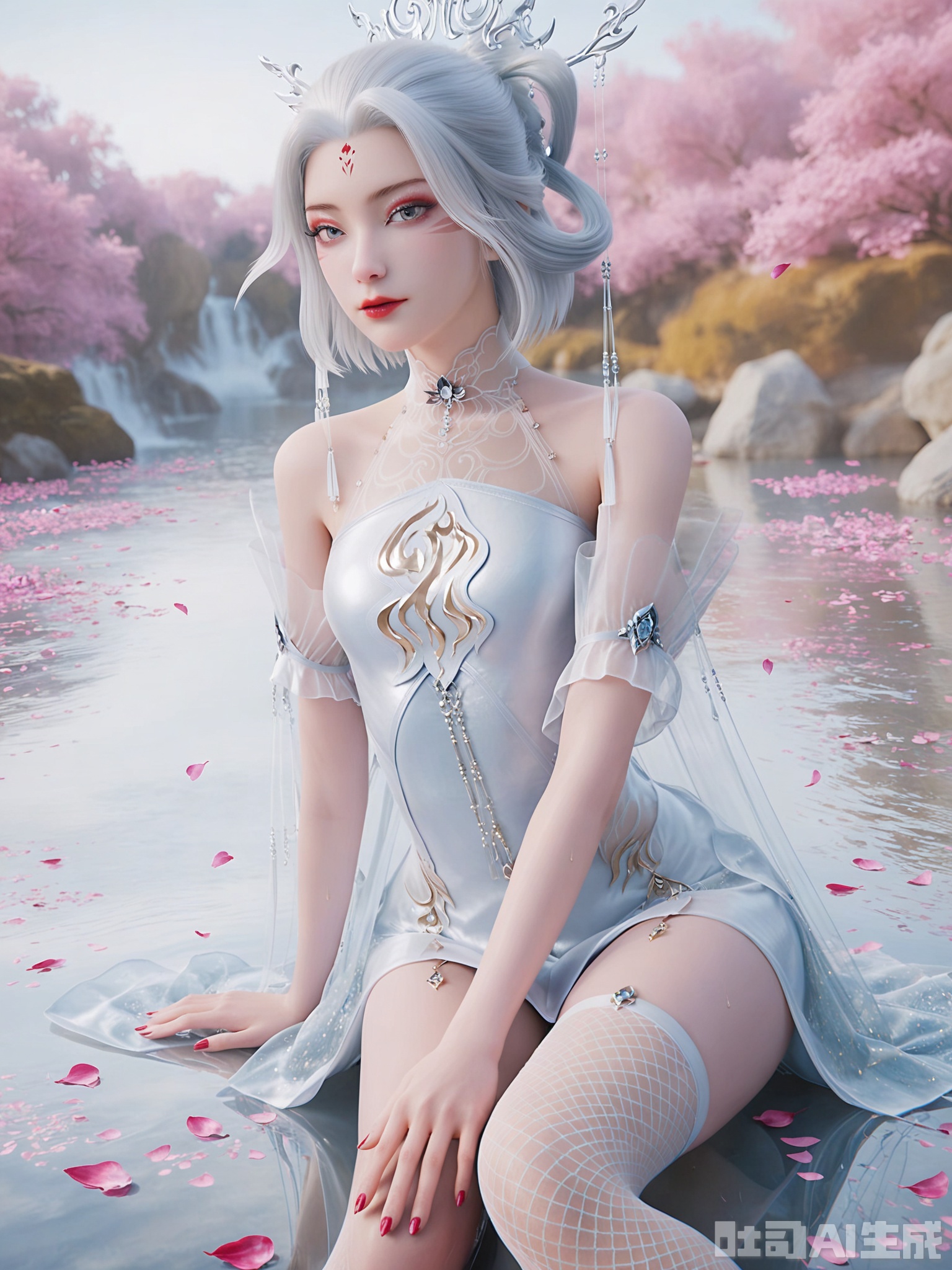 score_9,score_8_up,score_7_up,realistic,photorealistic,1girl,looking_at_viewer,realistic,dynamic poses,1girl,Vivid Colors,bright environment,delicate water,hair_ornament,shiny skin,shiny hair,reflection,dress,flower sea,falling petals,extreme detail description,(upper body:0.3),put one hand on your side,(skindentation:1.3),Fishnet stockings,bright,sunshine on face,light,sweating,dress,light,sitting_down,short-hair,(skinny:1.3),lower leg,thin legs,slim hips,very slender legs,
