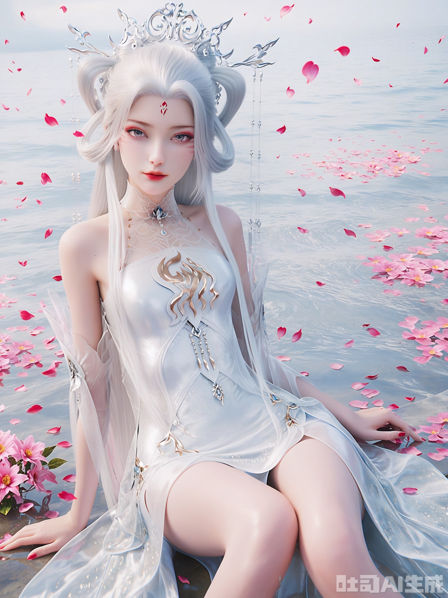 score_9,score_8_up,score_7_up,realistic,photorealistic,1girl,looking_at_viewer,realistic,dynamic poses,1girl,Vivid Colors,bright environment,delicate water,hair_ornament,shiny skin,shiny hair,reflection,dress,flower sea,falling petals,extreme detail description,(upper body:0.3),put one hand on your side,(skindentation:1.3),Fishnet stockings,bright,sunshine on face,light,sweating,dress,light,sitting_down,long hair,(skinny:1.3),lower leg,thin legs,slim hips,very slender legs,