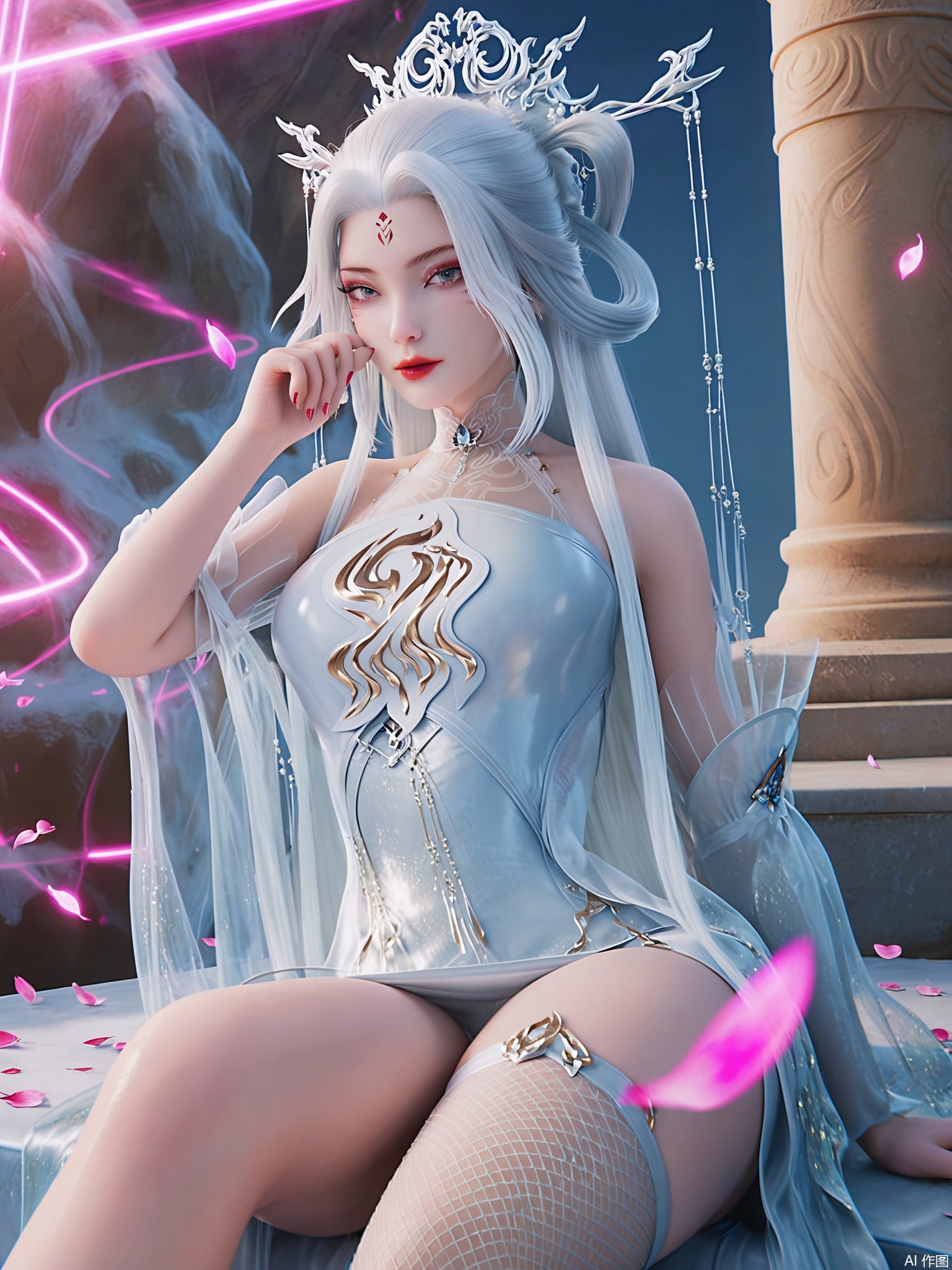 score_9,score_8_up,score_7_up,1girl,looking_at_viewer,realistic,1girl,Vivid Colors,bright environment,delicate water,hair_ornament,shiny skin,shiny hair,reflection,dress,flower sea,falling petals,extreme detail description,(full body:0.3),put one hand on your side,long_hair,(skindentation:1.3),Fishnet stockings,bright,sunshine on face,light,sweating,dress,light,pillar,sitting_down