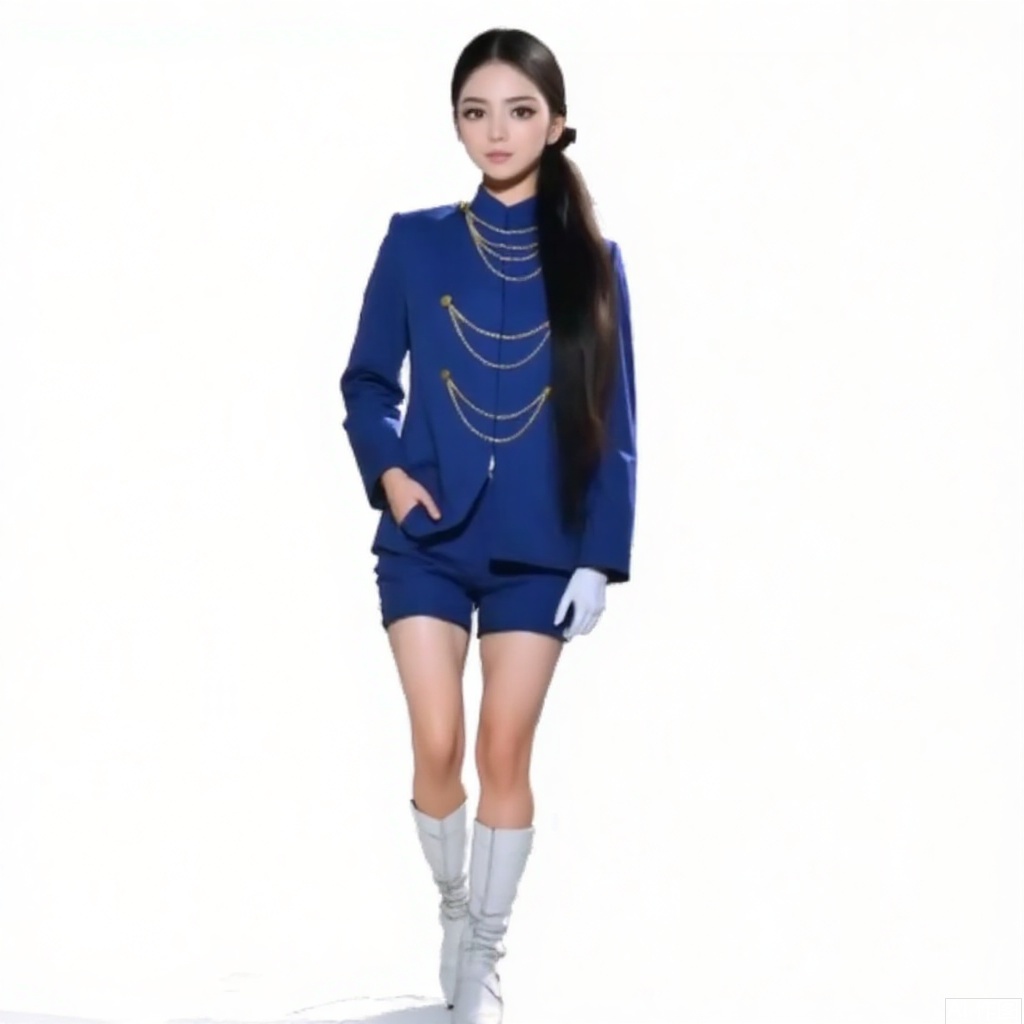 masterpiece, best quality,solo,((white background:1.2)),simple background,
looking at viewer,
cross necklace, jacket, shorts, choker,earrings,chain-link,jewelry,blue jacket,blue coat,uniform,white footwear,necklace,boots,skirt,white gloves,jjmx,1girl,female focus,black hair,realistic