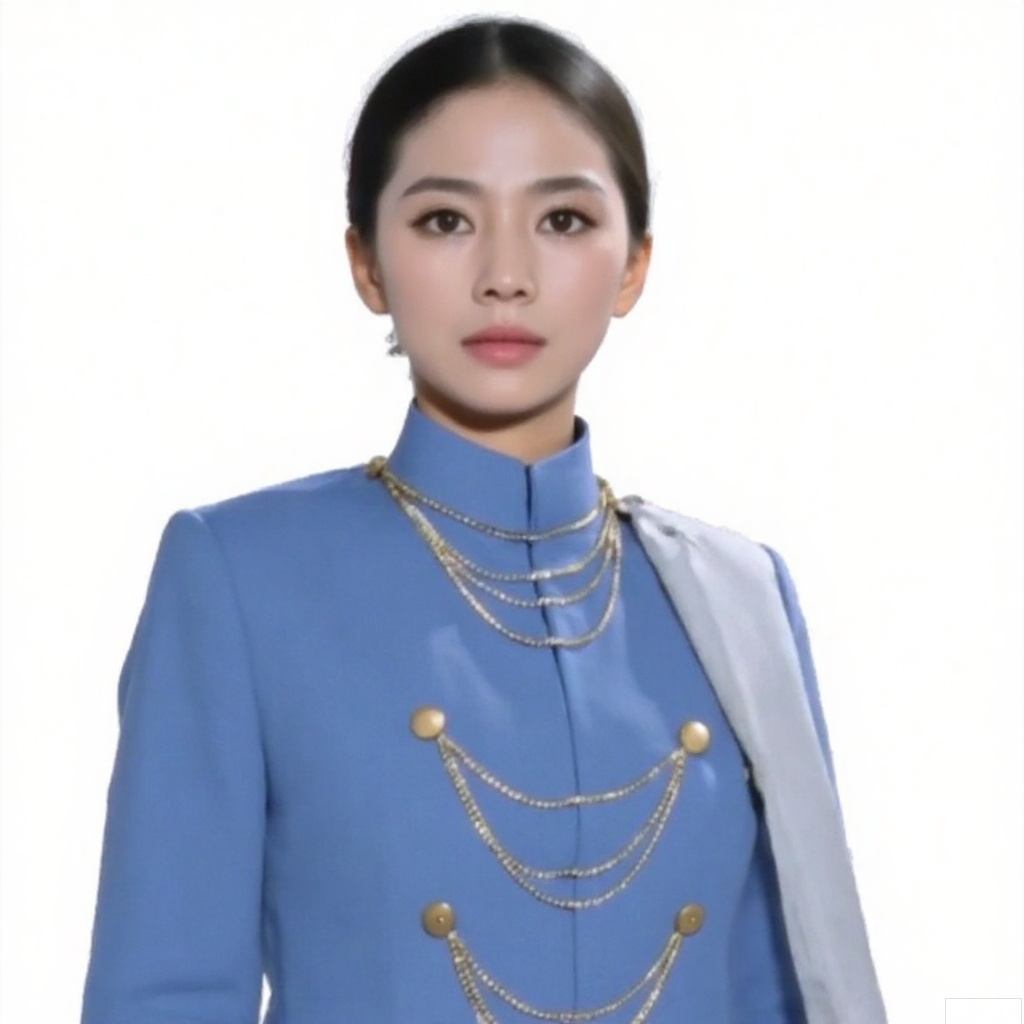 masterpiece, best quality,solo,((white background:1.2)),simple background,
looking at viewer,
cross necklace, jacket, shorts, choker,earrings,chain-link,jewelry,blue jacket,blue coat,uniform,white footwear,necklace,boots,skirt,white gloves,jjmx,1girl,female focus,black hair,realistic