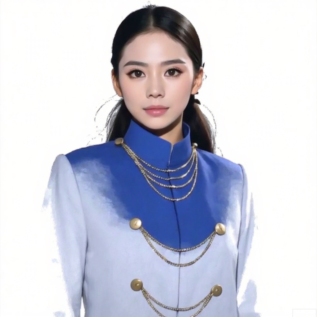 masterpiece, best quality,solo,((white background:1.2)),simple background,
looking at viewer,
cross necklace, jacket, shorts, choker,earrings,chain-link,jewelry,blue jacket,blue coat,uniform,white footwear,necklace,boots,skirt,white gloves,jjmx,1girl,female focus,black hair,realistic
