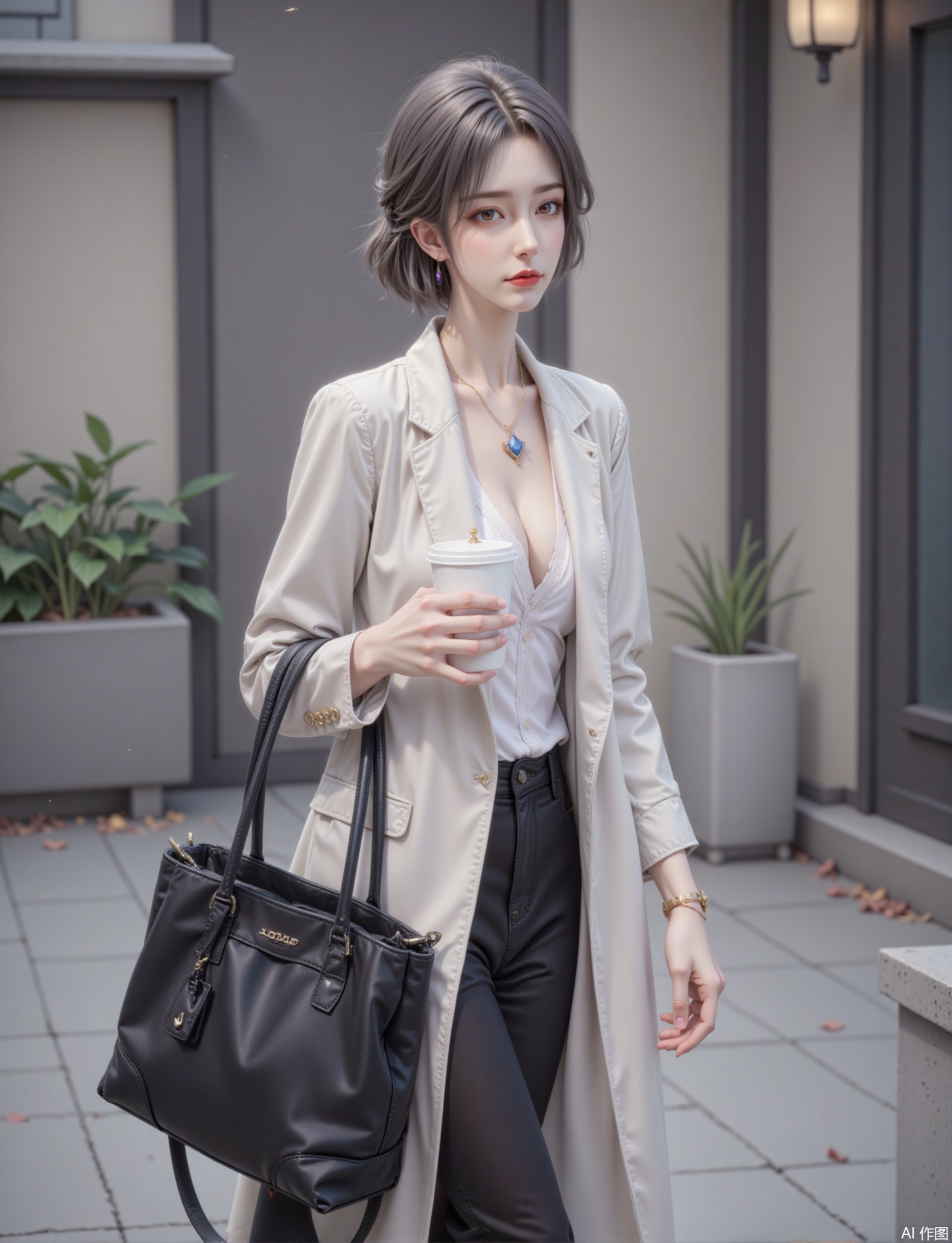 A 28-year-old working woman has neat short hair and slightly curled hair, with a low-key gray-purple ending. The makeup is exquisite and capable, the light brown eye shadow is naturally smudged, the slender eyeliner is paired with clear eyelashes, and the bean paste-colored matte lipstick adds an elegant temperament. She is wearing an off-white loose blazer, with smooth shoulder lines and a black slim suspender inside, revealing her delicate collarbone. The bottom is black high-waisted straight-leg trousers, with nine-quarter length, paired with white pointed high heels, the heel height is moderate for easy walking. A simple silver thin chain is worn between the neck, and the pendant is designed in a geometric diamond shape; a leather strap and a thin metal bracelet are stacked on the wrist to show the fashionable feeling of the workplace. She was carrying a black leather tote bag with one hand, and a cute bear hanging hanging on it, adding a touch of playfulness to the overall look. She held a coffee cup in the other hand, with a hurry and confident eyes, showing the ability and elegance of modern working women.