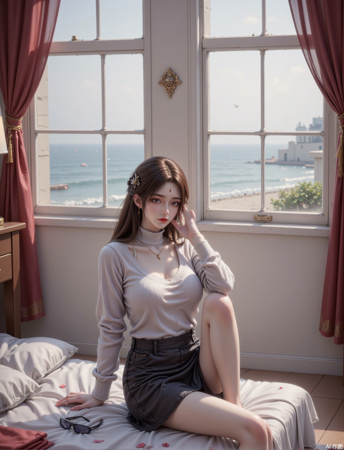 This image depicts a young woman sitting on a bed in a room with large windows overlooking the tranquil beach. She has long wavy brown hair, wearing a light ribbed turtleneck sweater and a black skirt. The room is gently illuminated by the natural sunlight shining through the windows, casting soft shadows. Red curtains are tied on both sides of the window, and a small wooden nightstand with a desk lamp can be seen on the left side of the bed. On the bed, there are items, including a folded piece of red fabric and a pair of glasses. The overall atmosphere is peaceful and peaceful, with the focus on the peaceful beach view outside.