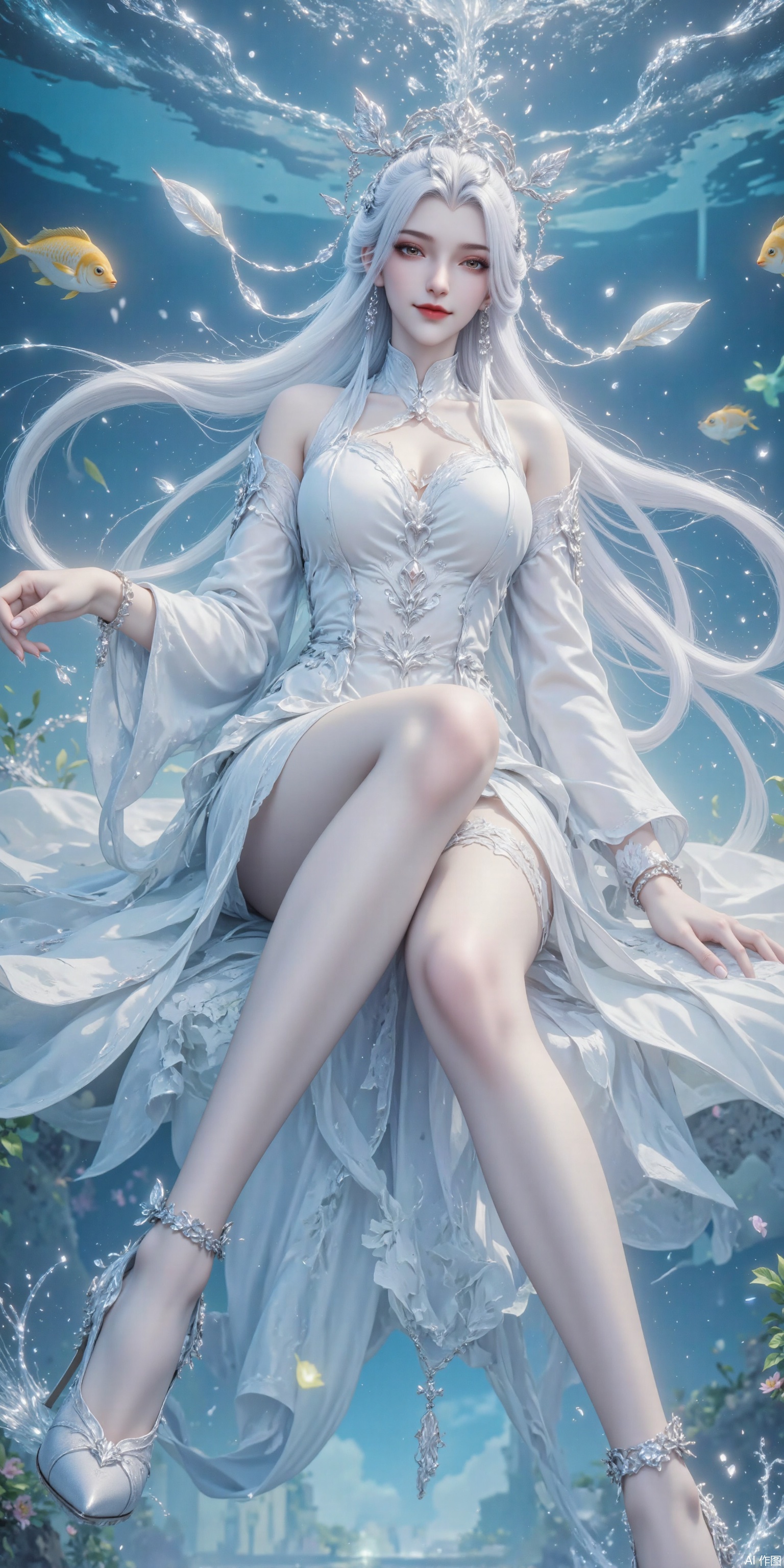 Masterpiece, the best quality, high quality, (colorful) , huge breasts,,(white hair:1.4),(very long legs:1.3),smile, fish, solo, skirt, socks,  white hair, white skirt, knee-length skirt,  looking at audience, high heels, leaning forward,  full-length, realistic, long-sleeved, bubbles, foam,  underwater, looking at audience, grinning, brunette, water, floating hair, sunglasses, animal, swimming, underwater, ,huaxiangr,embossed high heels,plns_high heels,white dress,Lying down