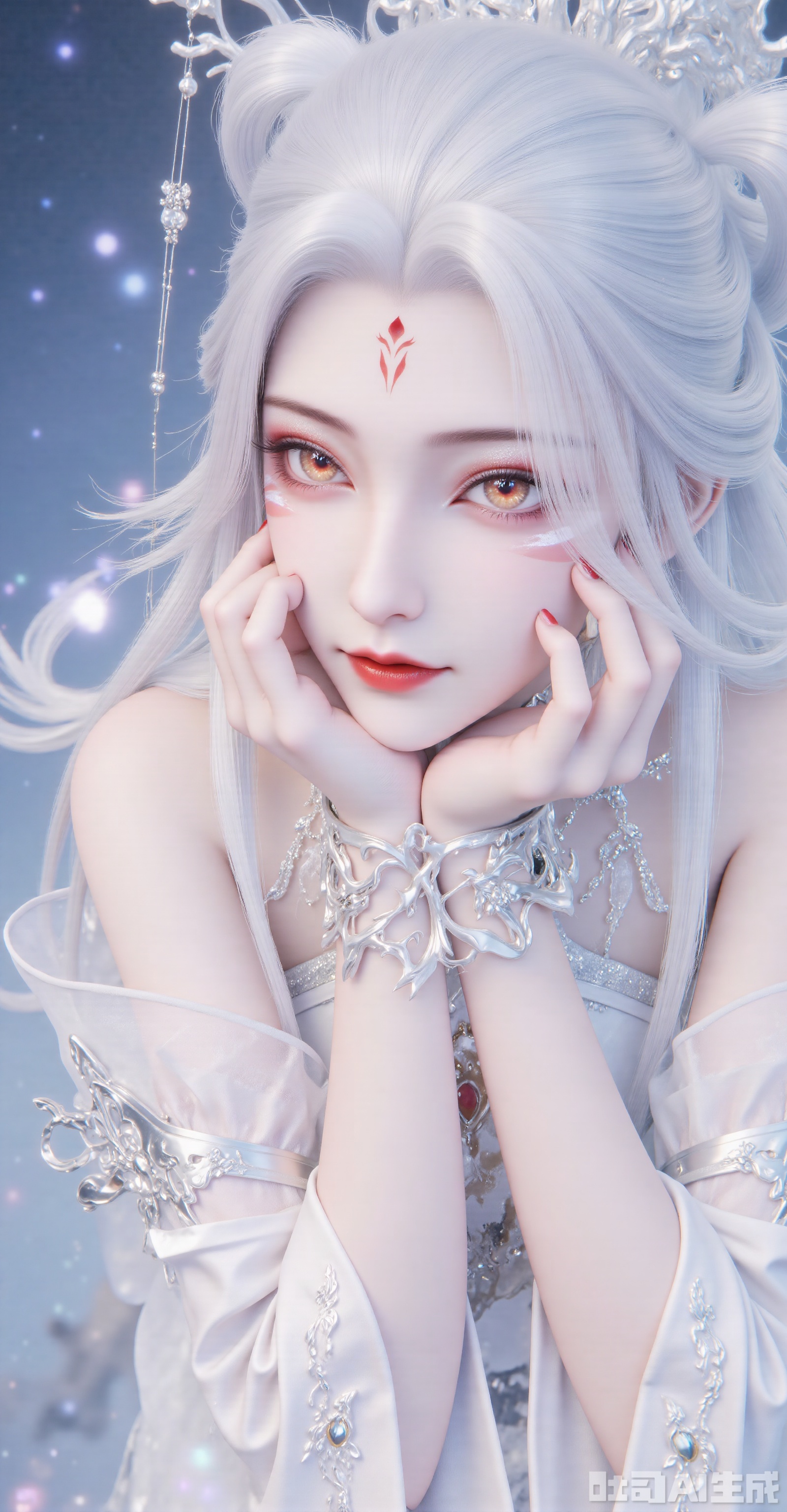 "Ethereal Immortal" with liquid mercury-like silver hair flowing with pearl sheen, crimson diamond mark between eyebrows, phoenix-tail red eye makeup. Amber irises with vitreous glow, resting cheek on hand adorned with silver filigree finger armor. Translucent white gauze hanfu with constellation patterns, wing-shaped silver thread cuffs. Misty blue gradient background with aurora particles. Jade-like subsurface scattering skin, strand-accurate hair rendering, neo-Chinese cyber xianxia aesthetic.