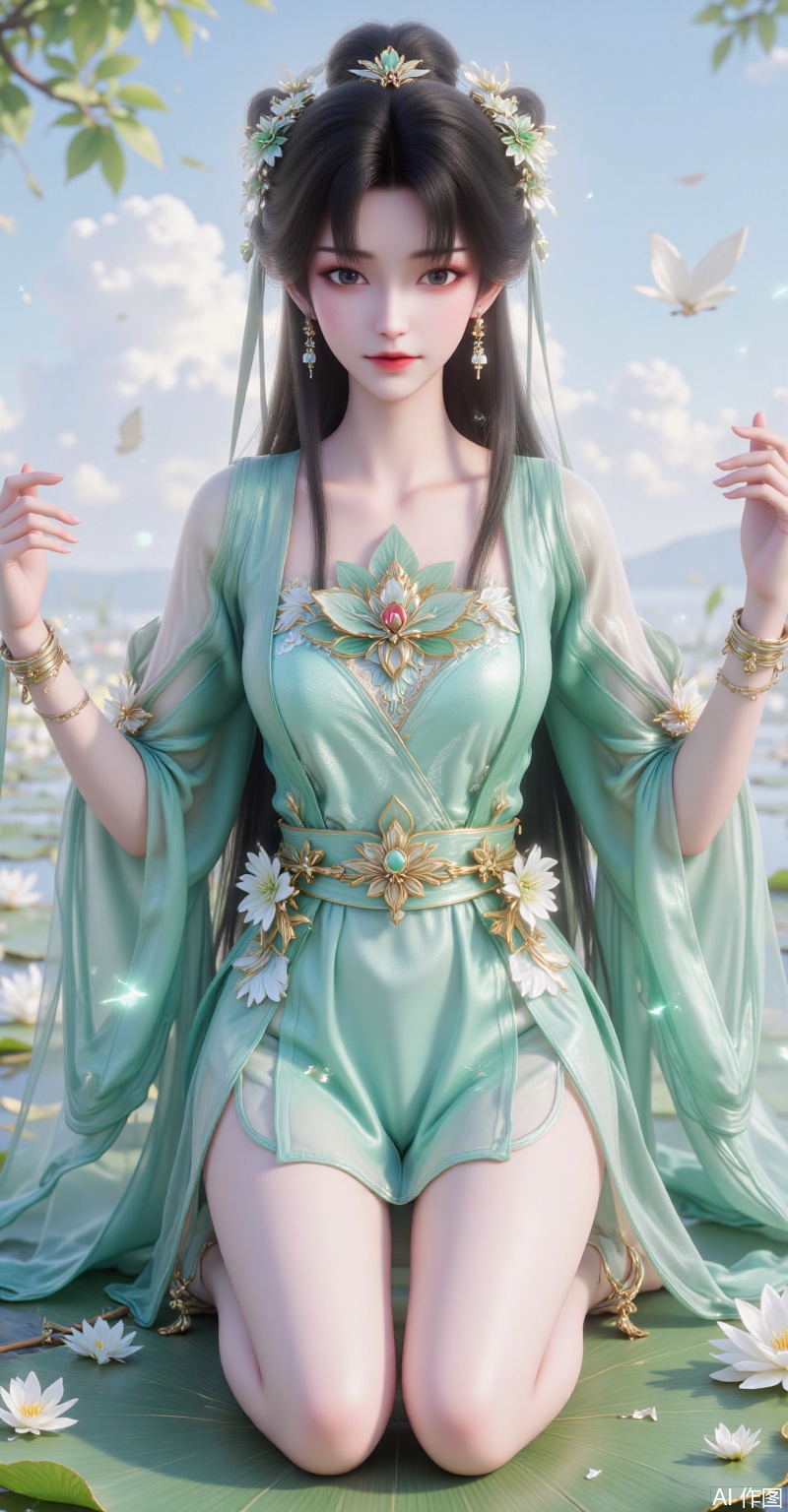 A Chinese ancient fairy with raven hair coiled into an elegant bun, adorned with light green glazed flowers and pearl hairpins, a delicate chain forehead ornament enhancing her features. Willow-leaf eyebrows frame almond-shaped eyes that shimmer with light, paired with soft pink lips. She wears a translucent cyan hanfu embroidered with white magnolia patterns and gold trims, baring her graceful legs, a golden waist ribbon tied neatly, and intricate floral gold bracelets on her wrists. The fairy kneels gracefully on a jade-green lotus leaf, her left hand raised, while semi-transparent silk ribbons flow behind her. Set against a watery background, she is surrounded by an ethereal halo, rendered in a cool-toned neo-traditional gongbi style with hyper-detailed 8K quality.