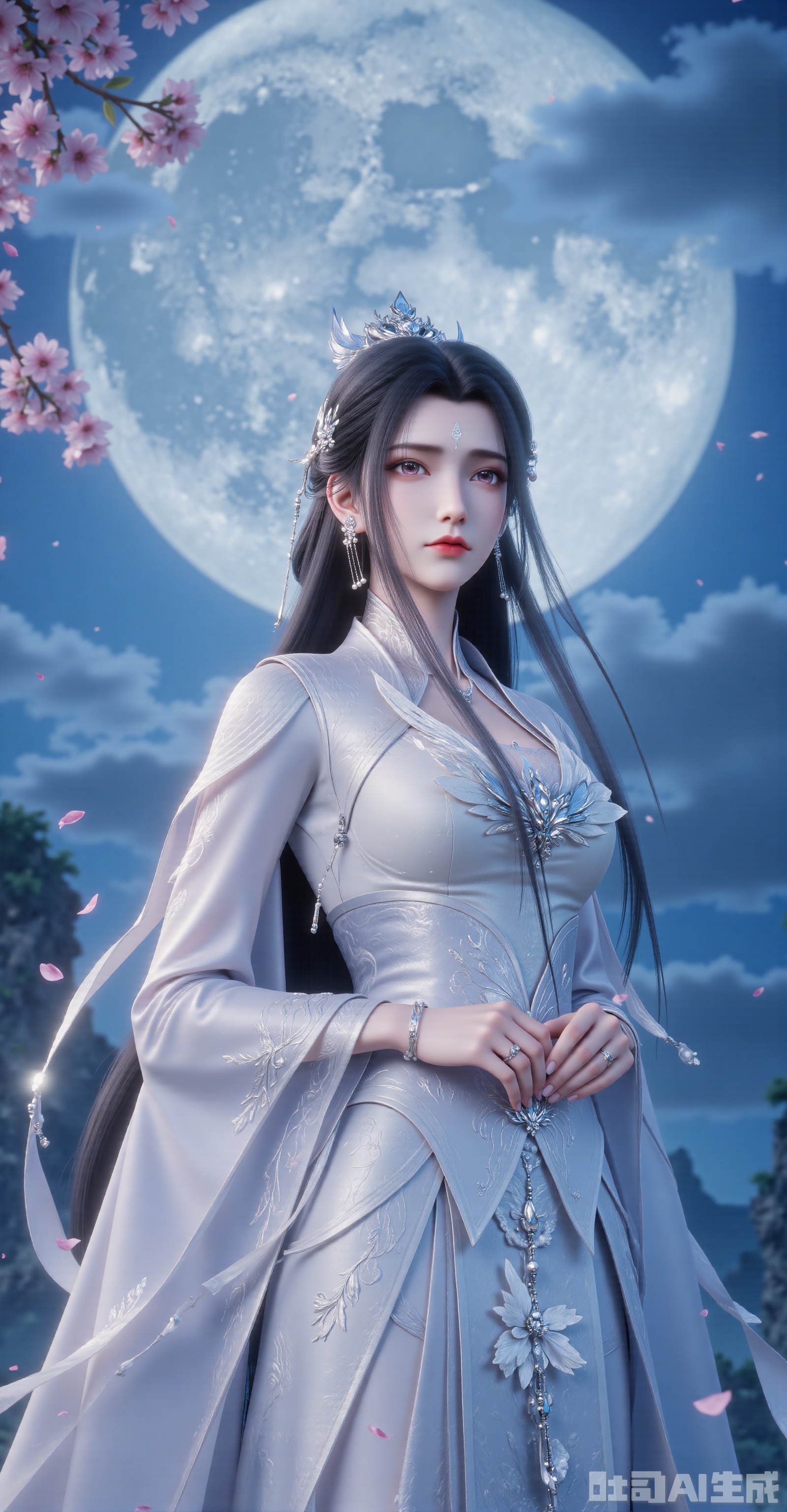 "An exquisite Chinese goddess standing under the moon, wearing a light blue hanfu with silver embroidery, delicate silver phoenix hair accessories, flowing black hair, surrounded by cherry blossom petals, misty mountain background, soft cinematic lighting, ultra-detailed textures, wuxia fantasy style, trending on ArtStation, 8K resolution --ar 16:9 --v 6.0"